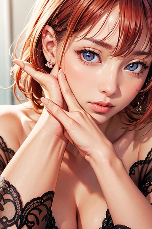 Makima with the face of Margot Robbie (chain saw man), Best Quality, ultra-detailliert, 1girl in, Solo, Standing, Red hair, Long braided hair, Golden Eyes, Bangs, very small pointed chest, White shirt, tie, Look,, (in bad: 1.2), Looking at the viewer, (interview: 1.3), (Dark background, chains: 1.3), From  above, sharp contrast, Beautiful detailed eyes, Focus, low angles,（Photograph the whole body）,in bed,fullnude,embarrassed from,Hide the nipples with your hands,Hands behind the head,Open your crotch,Turn your face away,Reluctant face,Scream,enjoy intense sex,convulsions,urinate,soaked body,bathe in white foam,Mangli return,Touching the,Men and women in love,Composition of a man and woman having sex,violent sex between man and woman,man touches pussy,crying how bright,