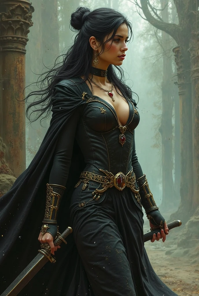 A full-breasted woman who is half human and half elf, medium-sized, with long hair, armed with two poisoned daggers, wearing a bloodstained cloak, a mythological animal as a pet, seeing a castle in the distance, and a severed skull beneath his feet 
