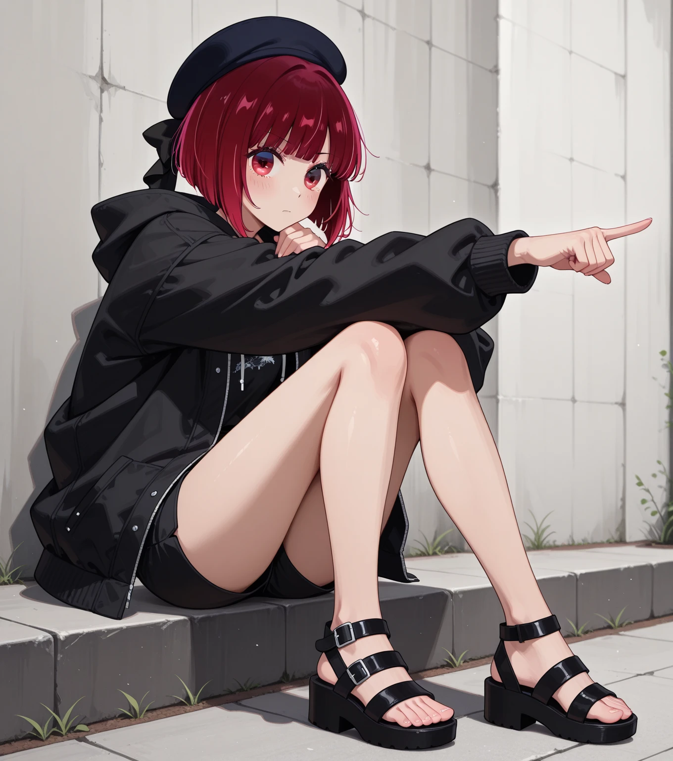 woman, curly red pixie cut hair, green eyes, wearing crop top black shirt, long black jacket, red plaid skirt, (black knee high boots), black fingerless gloves, exposed shoulders, (full body), large breasts freckles, cleavage, abs, looking at viewer, masterpiece, best quality, an14, Holo-Punk Style, sitting on steps