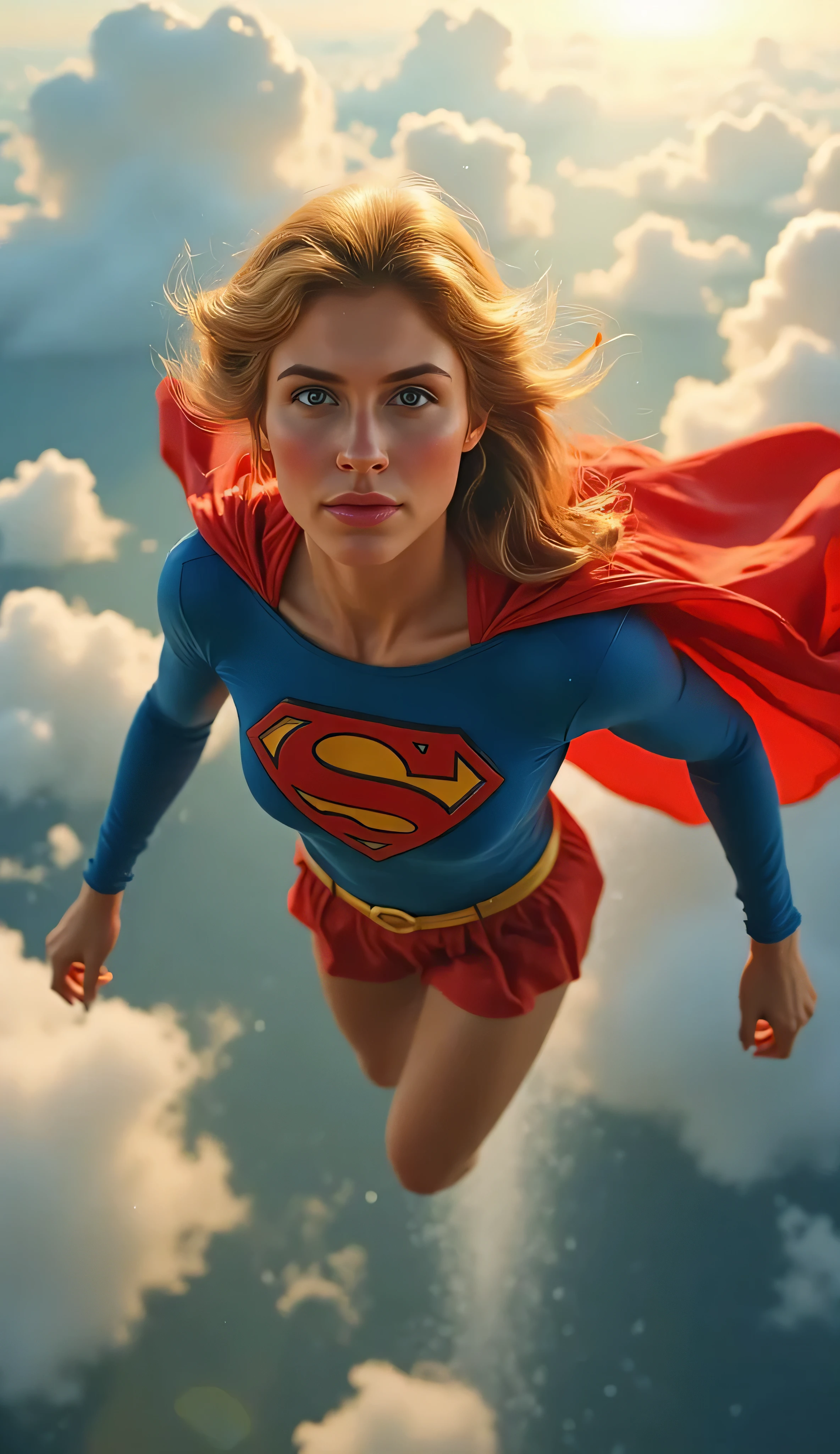 Helen Slater Supergirl soaring through the sky, arms stretched forward in flight, classic blue bodysuit with red and yellow “S” emblem, red cape billowing dramatically behind her, clouds and sunlight in the background, cinematic angle from below, heroic expression, wind-blown golden hair, semi-realistic style, retro superhero atmosphere