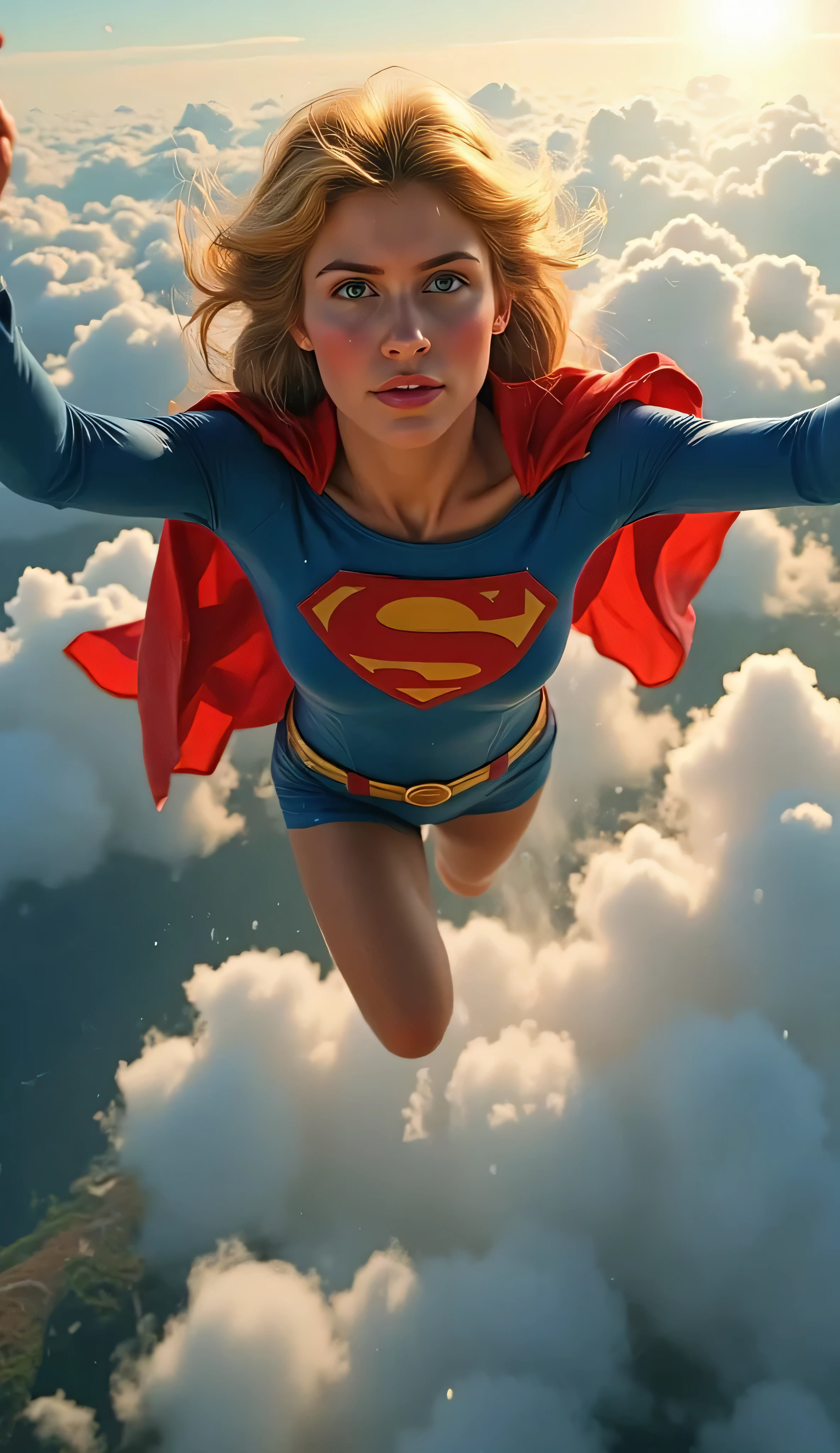 Helen Slater Supergirl soaring through the sky, arms stretched forward in flight, classic blue bodysuit with red and yellow “S” emblem, red cape billowing dramatically behind her, clouds and sunlight in the background, cinematic angle from below, heroic expression, wind-blown golden hair, semi-realistic style, retro superhero atmosphere