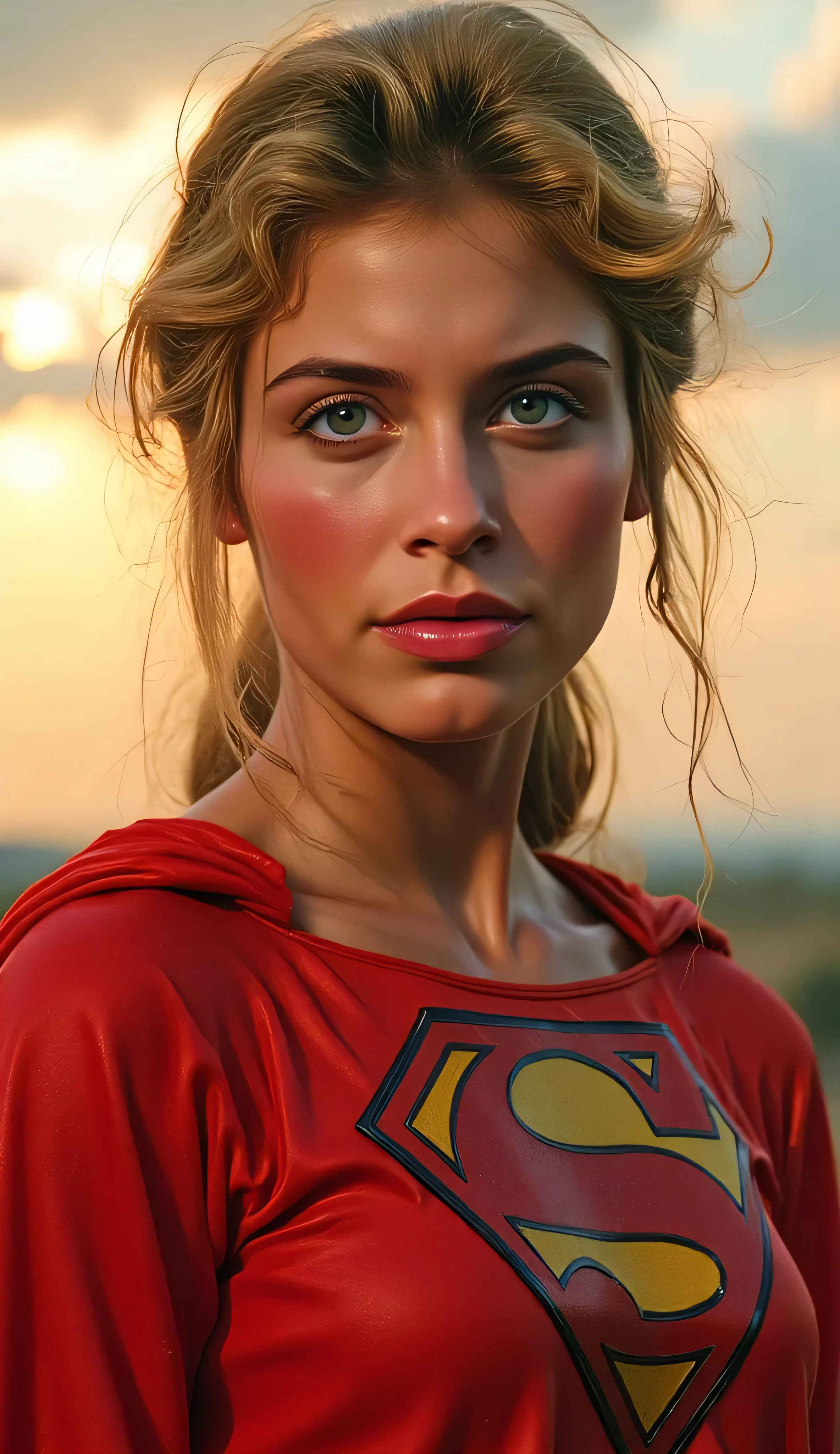 medium close-up of Helen Slater as Supergirl in her iconic 1980s costume, bright red cape flowing behind her, golden blonde hair softly tousled by the wind, piercing blue eyes, proud and noble expression, standing against a glowing sunset sky, soft rim lighting on her face and suit, ultra-detailed textures, realistic fabric folds, cinematic style, 4k, high resolution, vibrant colors, masterpiece