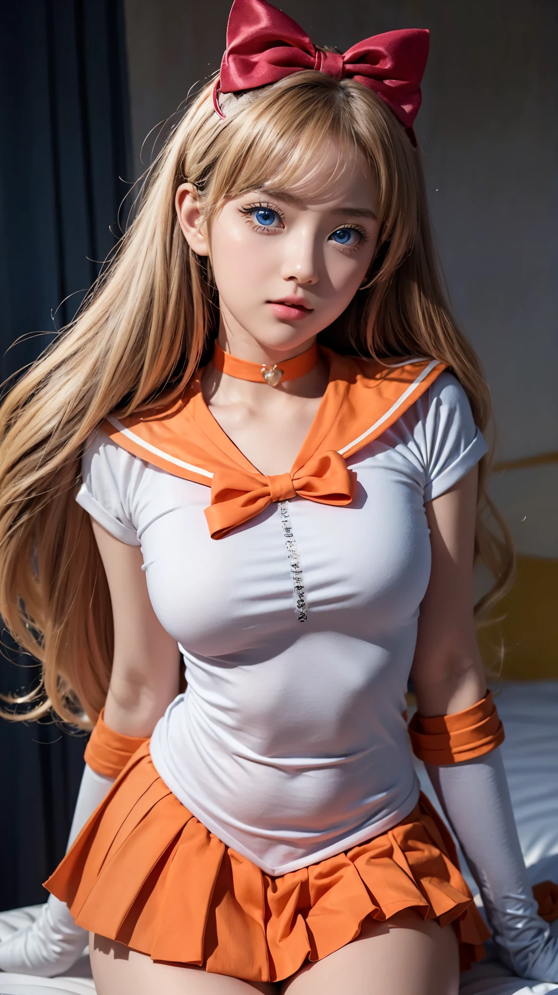 masterpiece、high quality、High resolution、Realistic、professional lighting、Japanese、woman、cute、young、White skin、slender、Sailor Venuinako Aino、Long golden hair, Red ribbon, blue eyes, Sailor Warrior Uniforms, Orange choker, Orange sailor collar, Blue ribbon on chest, White leotard, Orange Skirt, barefoot, White elbow gloves, tiara, Red Bow, jewelry, Sitting on the bed、Pinch between both legs、whole body、Anatomically correct