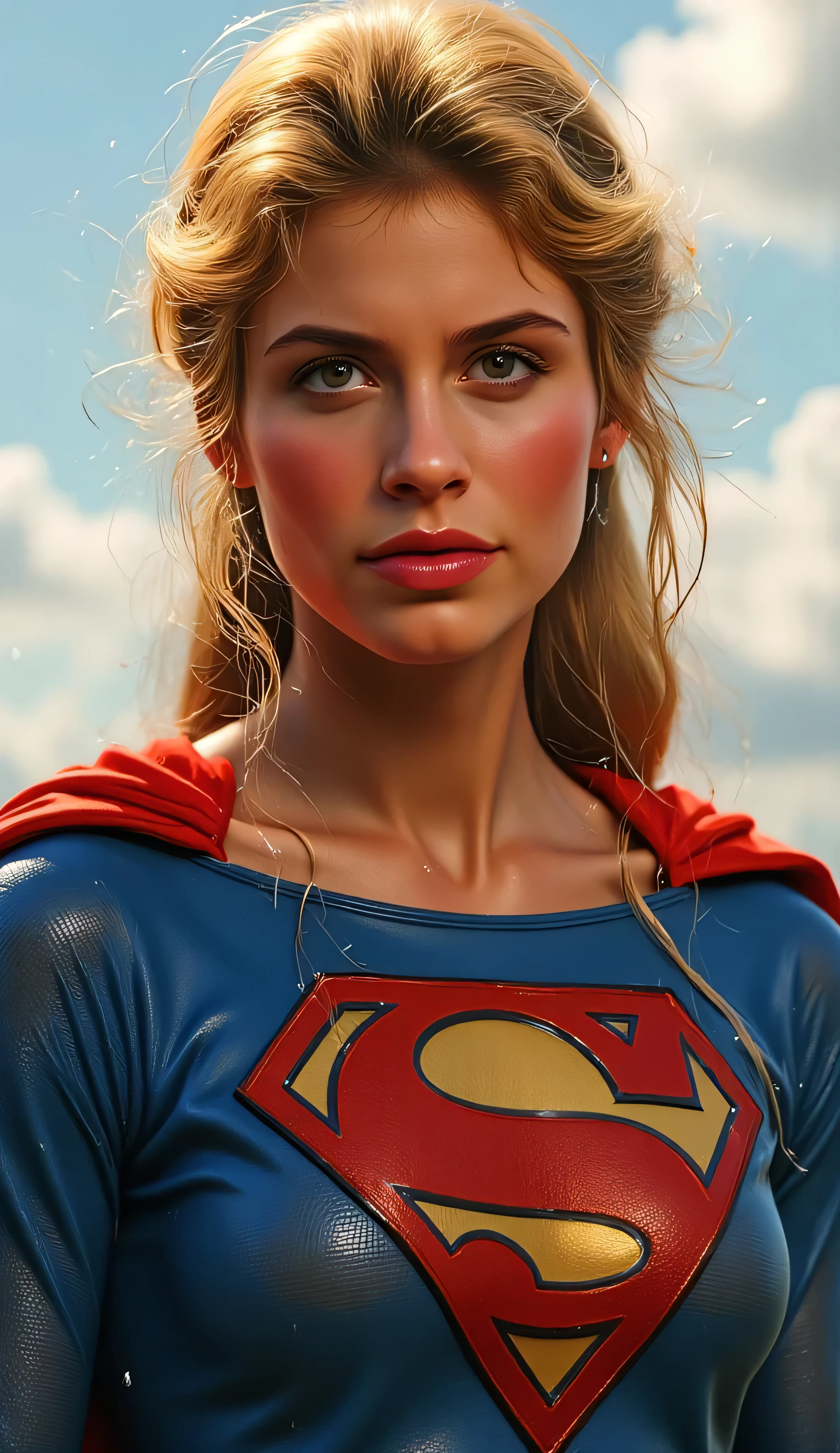 portrait of 1984 Supergirl, Helen Slater, in her red and blue costume with classic yellow ‘S’ emblem, medium close-up with a powerful yet graceful expression, hair shimmering in the sunlight, soft depth of field, cape fluttering, light clouds in the sky, heroic warm lighting, photorealistic detail, 4k resolution, high-definition, painterly brushwork, best quality