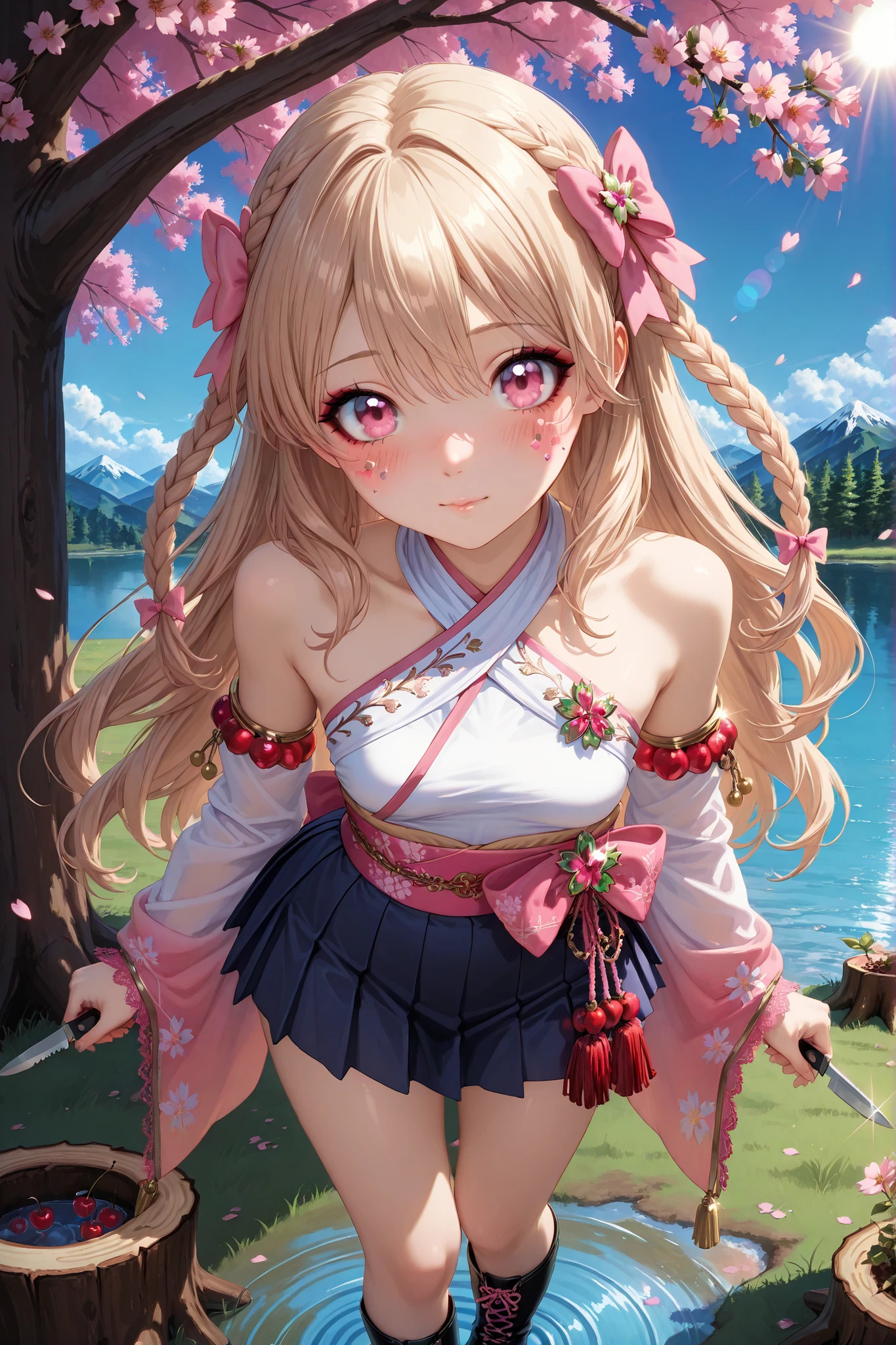 masterpiece,best quality,high resolution,clean lines,noise reduction,1 adult female anime character,((slender figure:1.3)),((:1.1)),((smooth fair skin:1.2)),((straight mid-length sable hair with soft fringe:1.5)),((cherry blossom hair ribbons:1.3)),((almond-shaped emerald eyes:1.4)),((soft rose blush on cheeks:1.2)),((subtle rose-tinted lips:1.2)),((fine eyeliner and mascara lashes:1.2)),((white halter-style wrap top inspired by kimono:1.5)),((flowing detached sleeves tied above elbows with pink ribbons:1.4)),((fine woven texture visible:1.2)),((wide pink embroidered obi belt with silver cherry blossom motifs and tassels:1.5)),((navy blue pleated mini skirt with crisp knife pleats:1.3)),((polished black knee-high leather boots with brass eyelets and pink braided laces:1.4)),full-body 2:3 portrait composition,dynamic standing pose with weight on right leg and left hip jutting,legs close with ankles crossed,right hand on hip grasping skirt edge,left arm relaxed with slight outward curve,flowing sleeves and skirt fluttering in breeze,head tilted forward with inquisitive gaze,standing on sunlit grassy lakeside lawn with wooden planter stump,lush shrub and scattered wildflowers in foreground,background calm lake reflecting tree-lined shores and mountains with foliage dappled shadows and sun flare glinting off water,((gentle breeze causing ripples across lake surface:1.2)),((detailed grass and wildflower blades:1.2)),((wooden planter stump texture with visible grain and moss patches:1.2)),((mountain silhouettes:1.1)),((warm sun flare glint off water droplets:1.2)),((soft shadows from overhead tree canopy:1.2)),((fine fabric weave irregularities on skirt and top:1.2)),digital anime style,cel shading,soft gradient shading,dramatic cinematic lighting,natural daylight,soft directional shadows,warm pastel color palette,emphasis on crisp lineart and vibrant colors