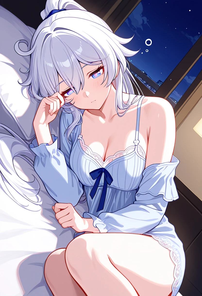 (8k, best quality, master piece: 1.2),super high resolution,1 girl, solo, ((colorshift eyes, hyperdetailed, expressive eyes)), ultra-detailed face, random hair, silver gray color, Ecstatic expression,A starry sky can be seen outside the window. The dimly lit room is softly lit with indirect lighting, creating a tranquil atmosphere. A king-size bed covered in silk sheets. A small lamp and a book are placed on top of it. The light of the starry sky shines into the room, creating a fantastical atmosphere. Lying on the silk sheets, her profile is highlighted by the angle. She is sleeping on her side, with one hand resting on the pillow. Her cheeks are flushed and she has a relaxed expression. The shot captures only the upper body. Her cleavage is naturally visible, and her bathrobe is loosely open.