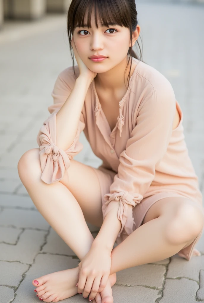 masterpiece、highest quality、cinema、(cute japanese woman、bangs:1.3)、23 years old、1 girl、elegant、black hair、tropical country、(sit on the stairs:1.2)
