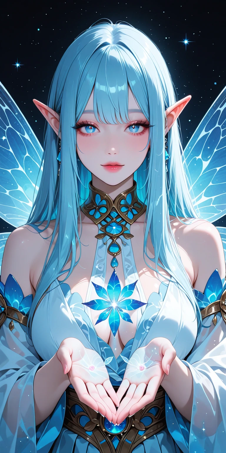 Best quality, cinematic image, Detailе.ed image, fantasy, mythical creature, horns, ice scales, beautiful woman, ice spirit, The Snow Queen, blue skin, Ice Dragon, detailed beautiful голубыe eyes, very long wavy white hair, cold look, White dress, big beautiful breasts, winter forest