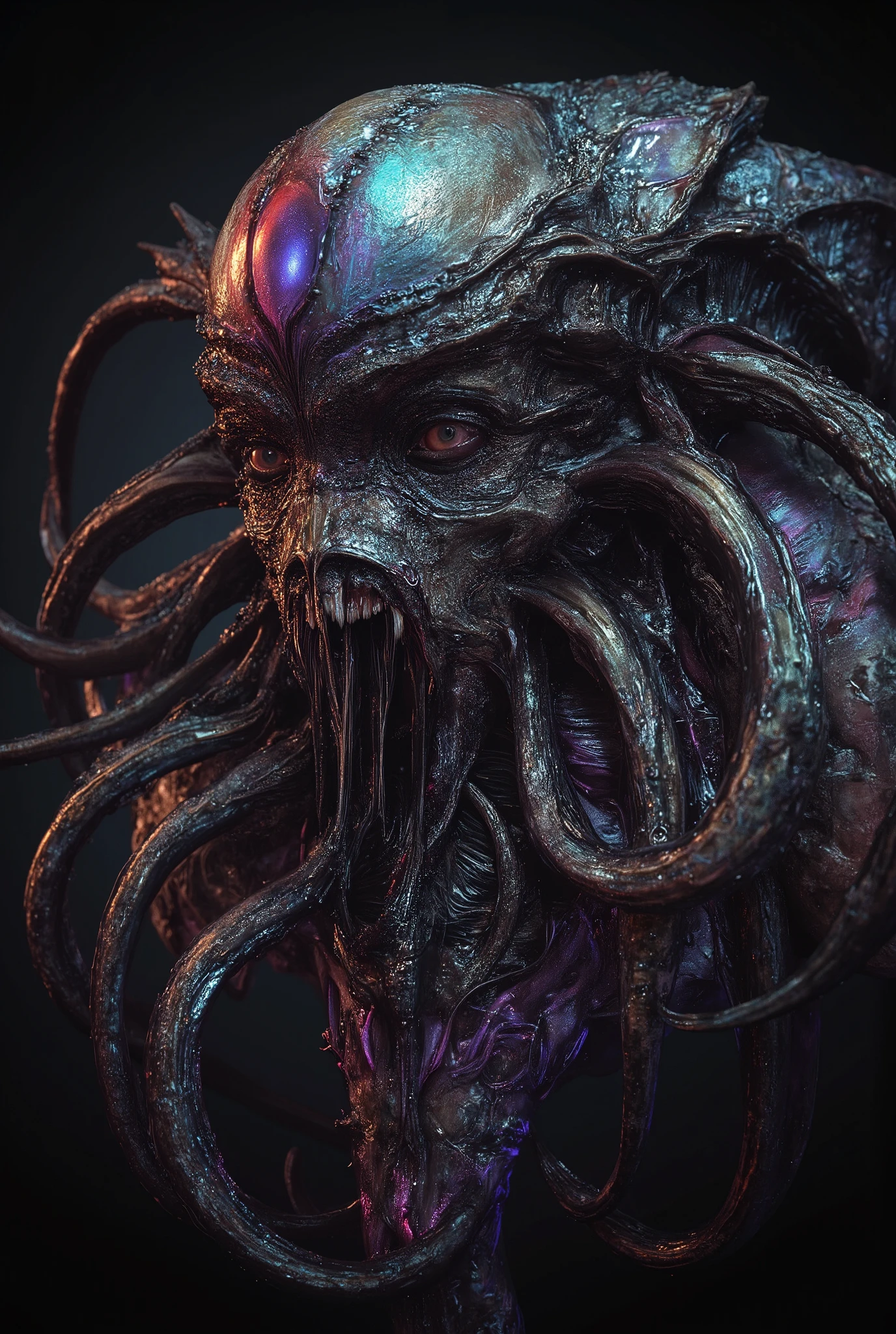 an erotic fearsome monster, grotesque hybrid creature, part snail part beautiful human female part Ammonite part octpus, beautiful humanoid snail, uncanny genetic fusion, disturbing amalgamation, twisted amalgam, unsettling abomination, bizarre entity, unnatural monstrosity, disturbing hybrid, ghastly creature, sinister hybrid, eerie entity, unsettling hybrid, disturbing abomination, photorealistic, hyper-detailed, ultra-realistic, 8K, cinematic lighting, dramatic atmosphere, dark fantasy, vivid color palette, horror, surreal, nightmarish, gothic, chiaroscuro, dramatic lighting, moody, ominous, sinister, foreboding, shrouded in shadows, dramatic focal point, dramatic angle, dark and gritty, horror-inspired, macabre, grotesque, disturbing, unsettling, nightmarish, twisted, sinister, eerie, otherworldly, dark, grim, haunting, ominous, foreboding, dramatic, intense, cinematic, iridescent skin, neon colored, Tentacles