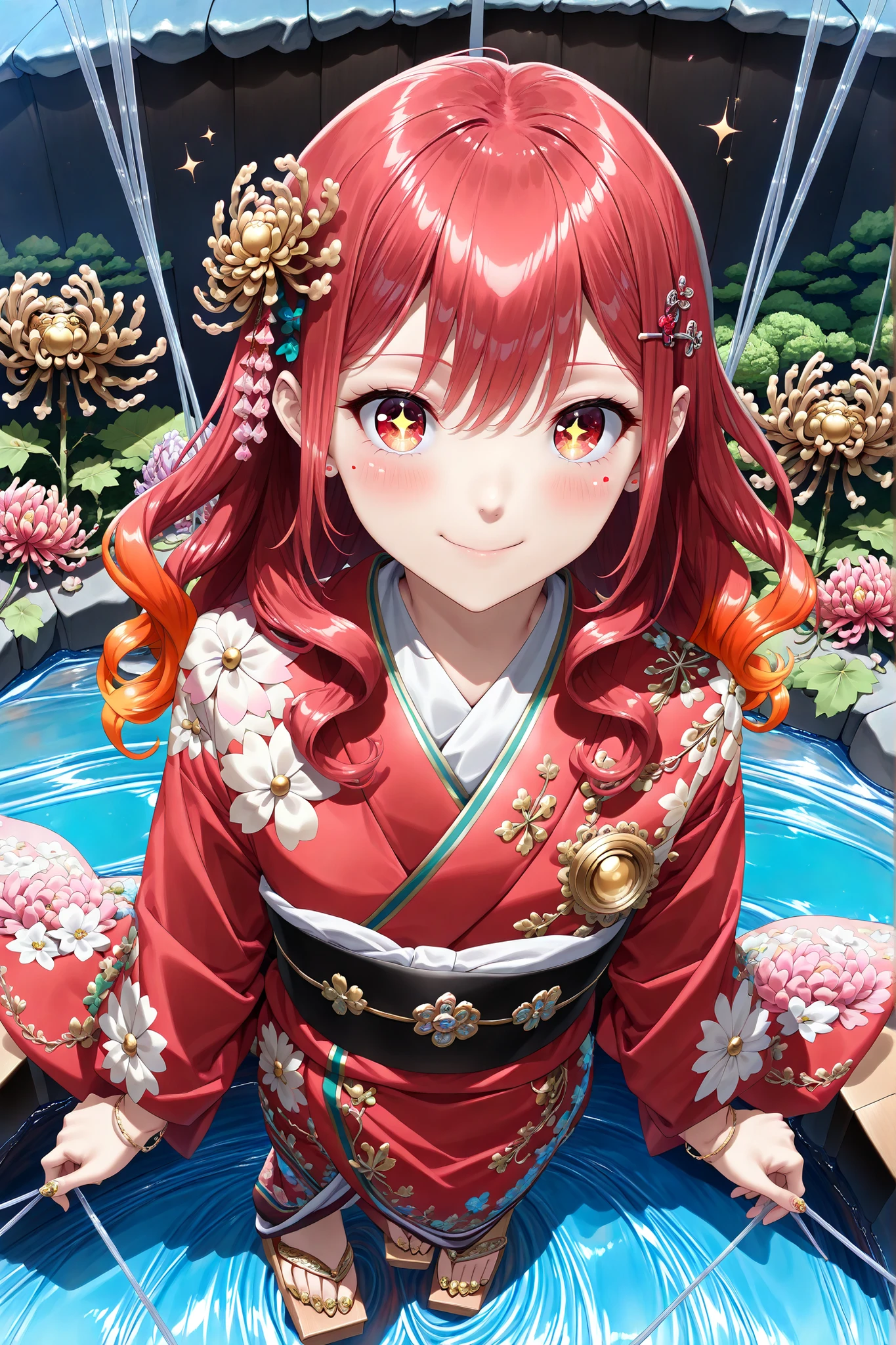 masterpiece,best quality,high resolution,ultra detailed,clean lines,noise reduction,4k,8k,super resolution,extremely detailed textures,sharp focus,1 adult female anime character,((medium bust:1.2)),((slender figure:1.3)),((long wavy chestnut hair:1.5)),((delicate wispy bangs:1.4)),((intricate hairpin adorned with jade and silver filigree:1.3)),((small delicate cherry blossom hair clips:1.2)),((sparkling amber eyes:1.4)),((soft peach skin tone:1.2)),((gentle warm smile:1.3)),((light blush on cheeks:1.2)),((fine eyelashes with individual lashes:1.2)),((hand painted nail lacquer:1.2)),((slender wrists with simple silver bangle:1.1)),((elegant floral kimono with intricate gold and crimson chrysanthemum pattern:1.6)),((silk texture with visible weave irregularities:1.4)),((wide obi decorated with silver thread embroidery:1.5)),((wooden geta sandals:1.2)),medium-framed portrait from head to mid-thigh,three-quarter view,slight forward lean with shoulders relaxed,arms gently crossed at waist,standing beside a tranquil garden pond at golden hour on a mossy stone ledge with scattered autumn leaves,((tranquil koi fish swimming beneath water surface:1.2)),((floating lotus petals:1.1)),((soft mist rising above pond:1.1)),ancient weathered stone steps leading from water’s edge,((moss covered tiles and cracked stone surfaces:1.2)),ancient stone lantern covered in emerald moss at water’s edge,background softly blurred into circular bokeh created by sunlight filtering through overhead maple branches and reflecting on rippling water,sunbeams creating dappled highlights on lush ferns and wildflower petals drifting in a gentle breeze,subtle ripples and glimmering water reflections of lantern light,digital anime style,cel shading,soft gradient shading,halftone accent,dramatic cinematic lighting,warm pastel color scheme,soft ambient occlusion,emphasis on crisp lineart and vibrant colors