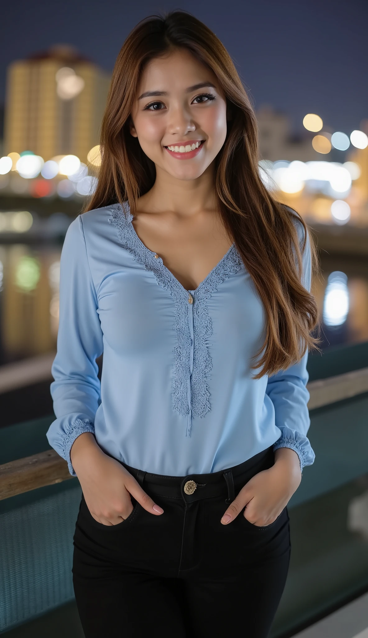 A beautiful indonesian female with long straight hairstyle, 25 years old. indonesian face, highly detailed beautiful face and eyes, attractive face, charming face, Full body, perfect body, white skin, medium breasts, anatomically correct, long straight hair, brown hair. Wearing light blue tunic blouse, black jeans. Background overlooking a beautiful river and city at night. Standing facing forward, Look at viewer, smile showing teeth, hand in pocket. Ultra detailed body, highly detailed appearance, hyper quality image. Bokeh. Hyper resolution. Ultra high realistic image. 16k. Ultra detailed