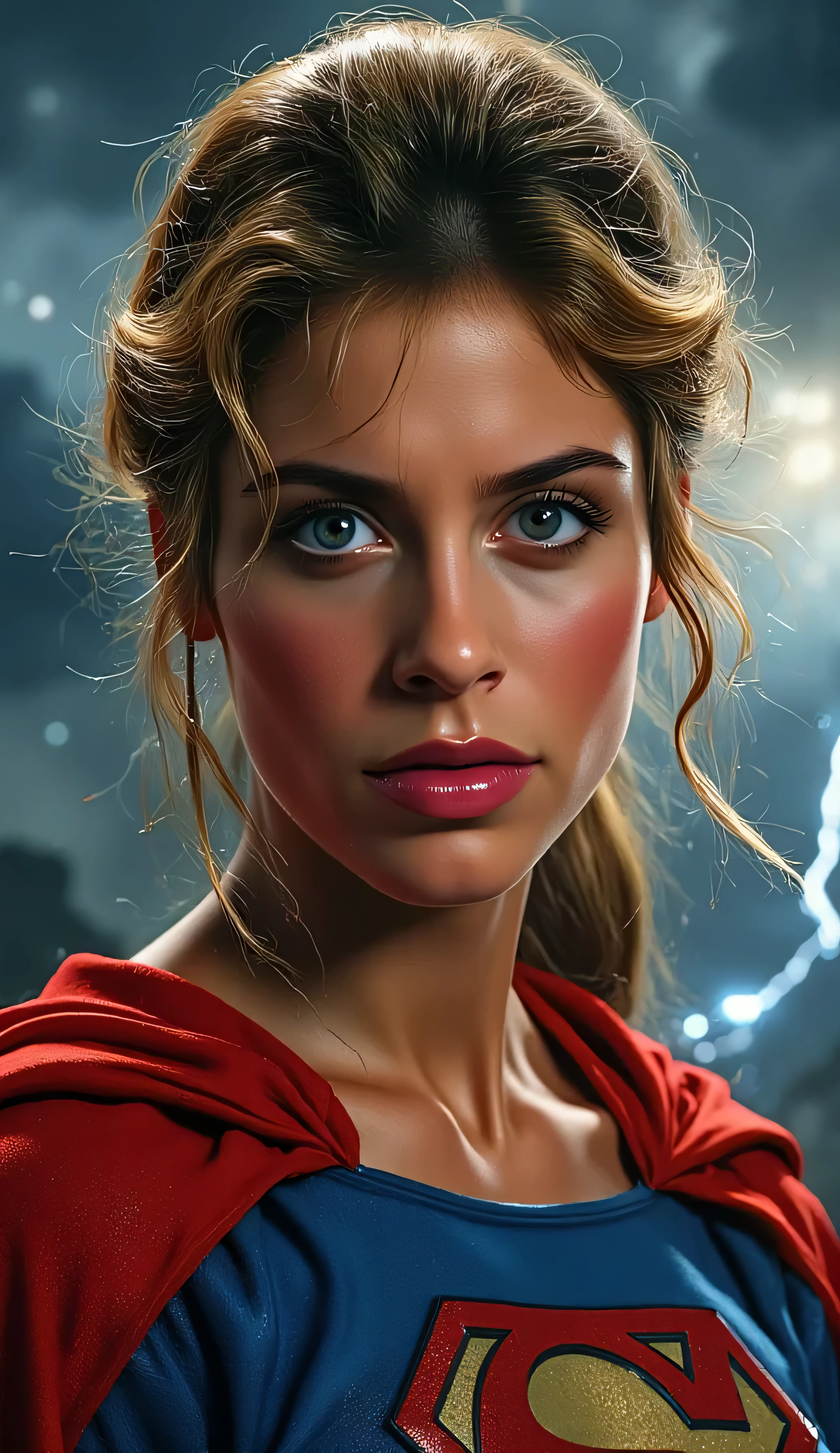 medium close-up of 1984 Supergirl (Helen Slater), intense and determined expression, glowing blue eyes, red cape flowing with wind, dark storm clouds and lightning in the background, dramatic cinematic lighting from below, costume glistening with subtle highlights, ultra-detailed textures, painterly semi-realistic style, 4k high-resolution, masterpiece look