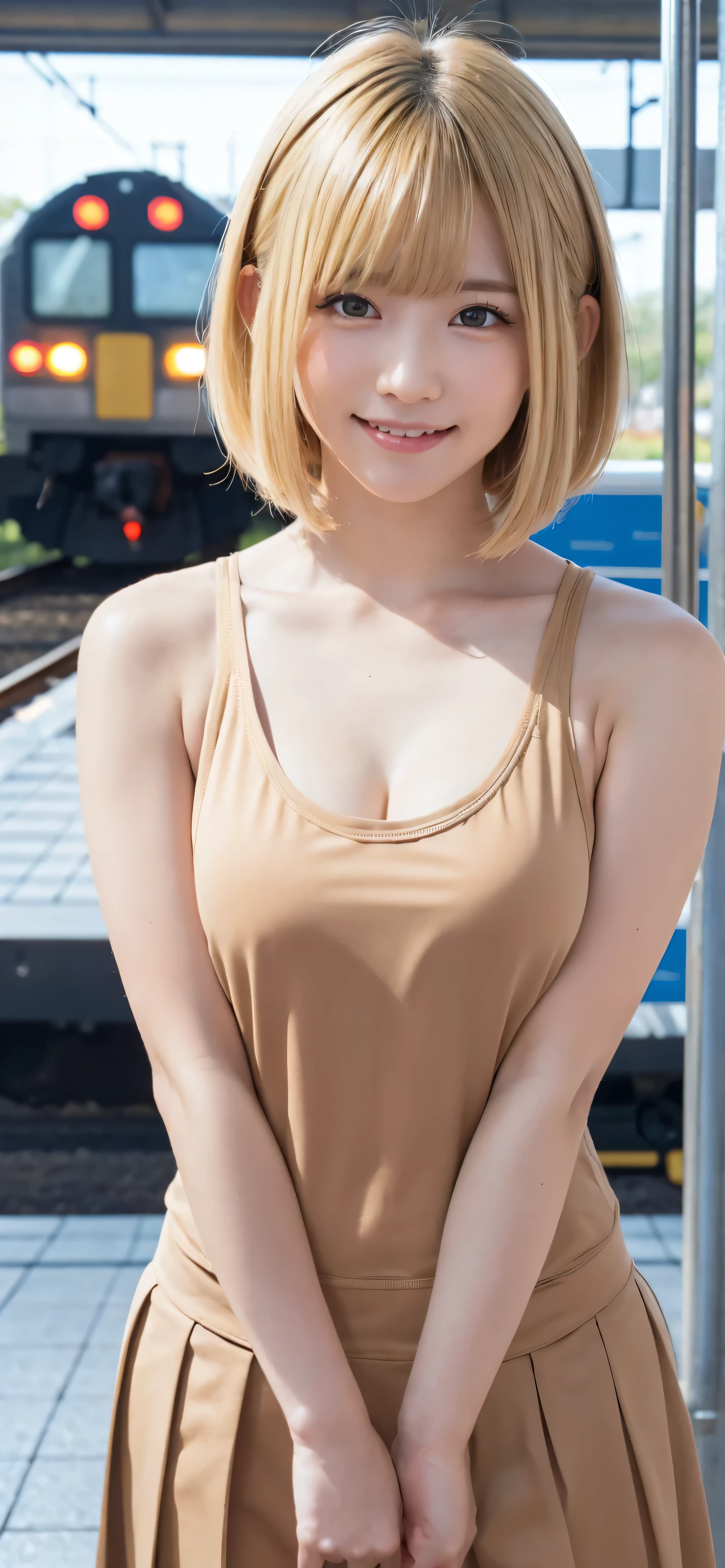 Top quality, 1 beautiful woman, super short Hair, gold hair, wearing Tank Top, shy-smile, at Market