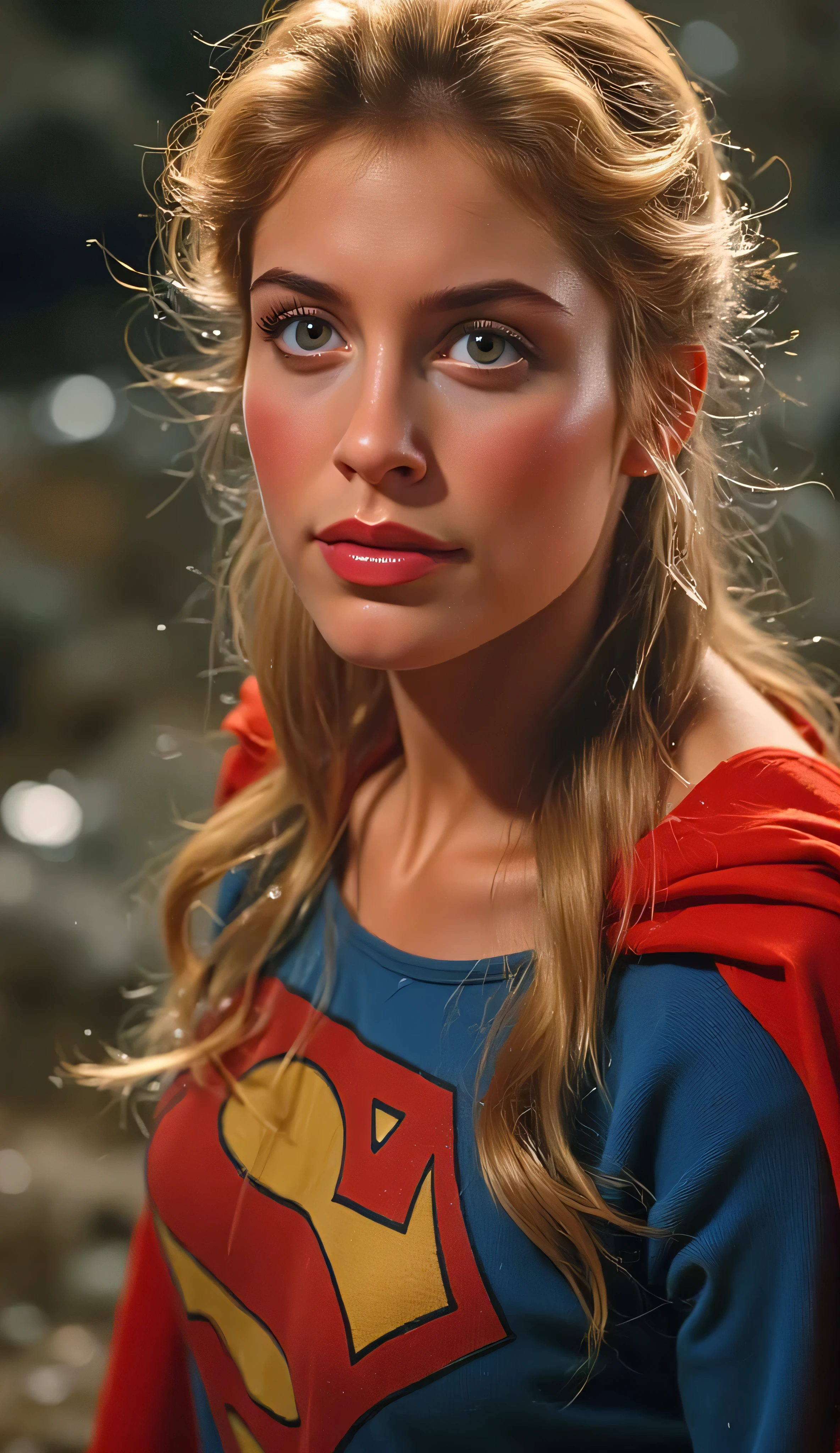 medium close-up of Helen Slater as Supergirl in her classic 1984 costume, soft VHS-style grain and chromatic distortion, warm lighting with vintage color grading, slight blur and tracking lines like an 80s tape recording, heroic pose, blonde hair softly moving, red cape in background, painterly realism, cinematic nostalgia, 4k resolution with retro overlay