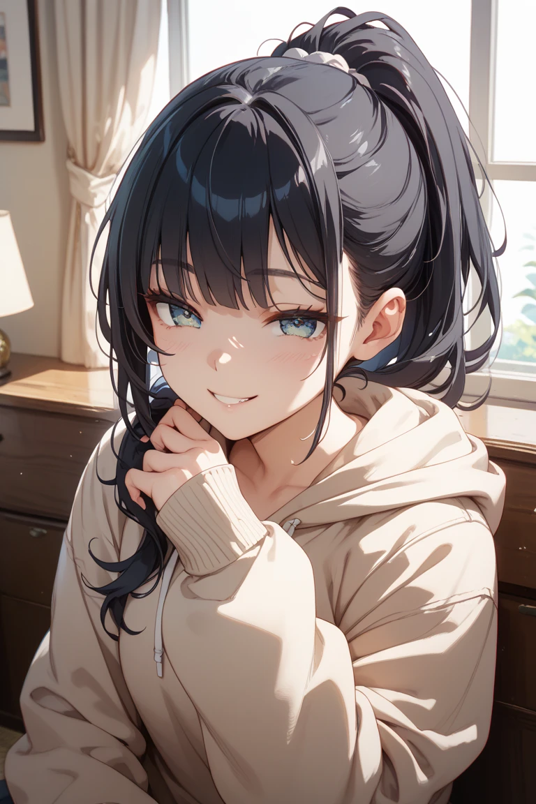 Sit on the sofa,looking ahead,from above,handjob,side view,face focus,open mouth,tongue out,cum on tongue,lick,(1girl,Beautiful 14 year old girl),((Slender,Small breasts,Baby Face,Small face,)),looking at viewer,Black Hair,bangs,two side up,Gray Eyes,Drooping eyes,slit pupils,narrow eyes,White sweater mini dress,bare shoulder,Beautiful and detailed anime art,Mischievous smile,Dimly lit room,Simple Background,Gray background,Low lighting