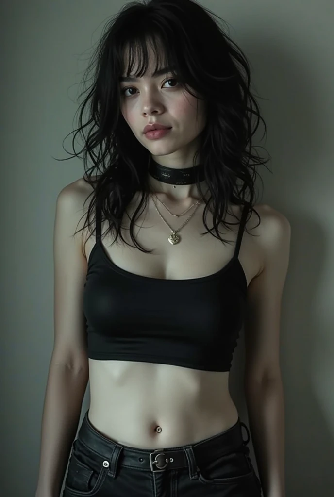 Painting of water, mud and thunderclouds, top quality, High resolution,(A frame made of chains and ruins),pretty girl、Small eyes、（Flat Chest）, ((Odd colored hair,green,purple,yellow)), beautiful、、Tattered denim pants、Tattered black tank top、Circus、Collar with a large chain、Clown、Bold Pose

