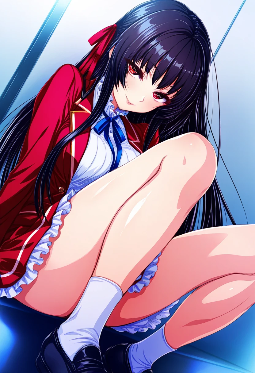 ((taken from the down)), suzunehorikita, suzune horikita, sit on bed, black hair, braid, long hair, (purple eyes:1.1), BREAK advanced nurturing high school uniform, black thighhighs, blazer, bow, bowtie, buttons, jacket, long sleeves, pleated skirt, school uniform, weat, thin, thighhighs, white skirt, zettai ryouiki, (red blazer:1.5), (tilting your head:1.1),(with spreading legs:1.4),(Hands behind your back:1.3),(I can see panties:1.5), BREAK looking at viewer, full body, BREAK indoors, classroom, BREAK (masterpiece:1.2), best quality, high resolution, unity 8k wallpaper, (illustration:0.8), (beautiful detailed eyes:1.6), extremely detailed face, perfect lighting, extremely detailed CG, (perfect hands, perfect anatomy)
