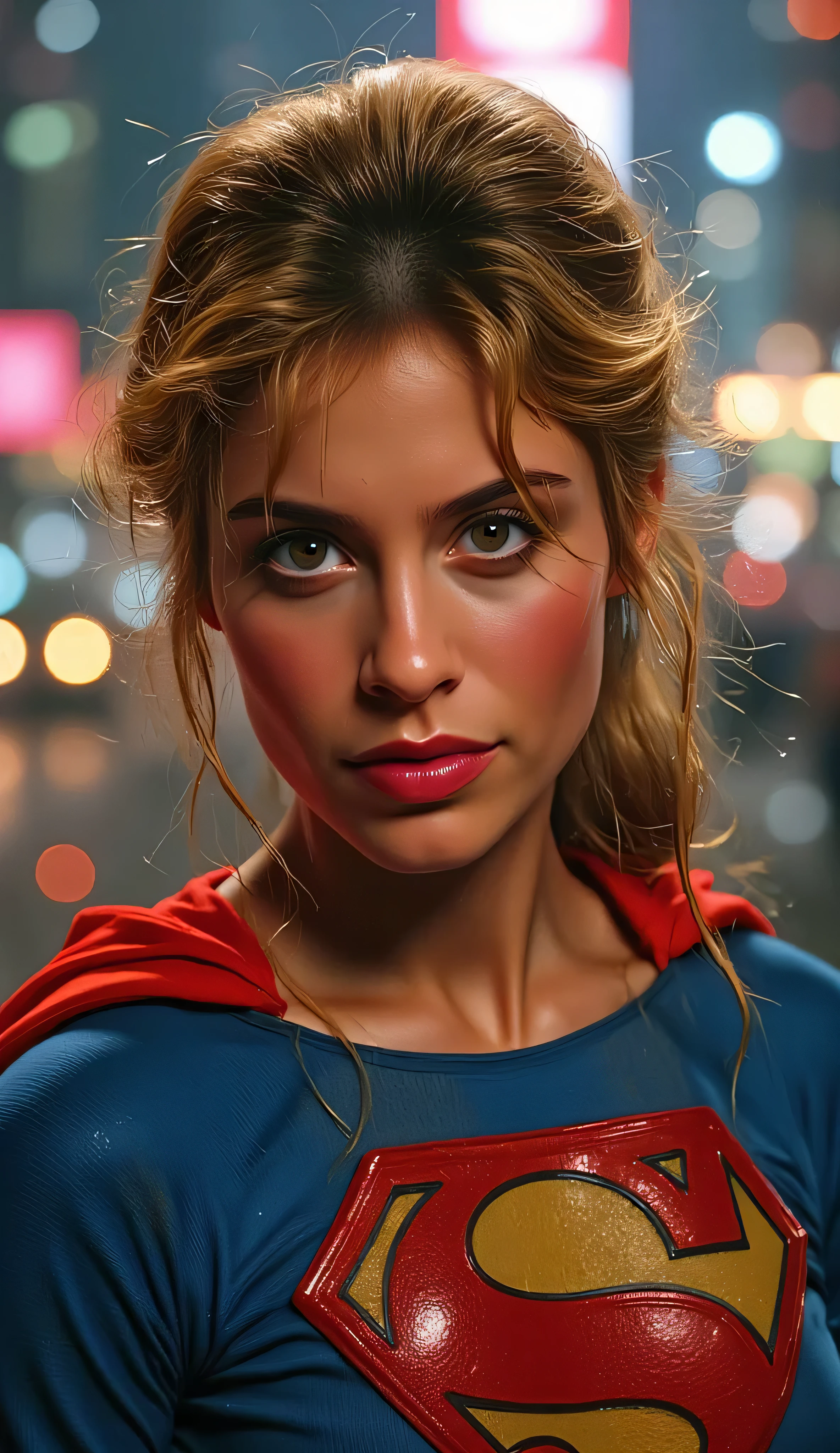 medium close-up of Supergirl from the 1984 movie, Helen Slater in red and blue costume, intense expression with wind-swept hair, VHS glitch effects with static lines and warped colors, glowing city lights in the background, lens flare from neon, painterly stylized realism, retro-futuristic vibe, high-quality 4k resolution
