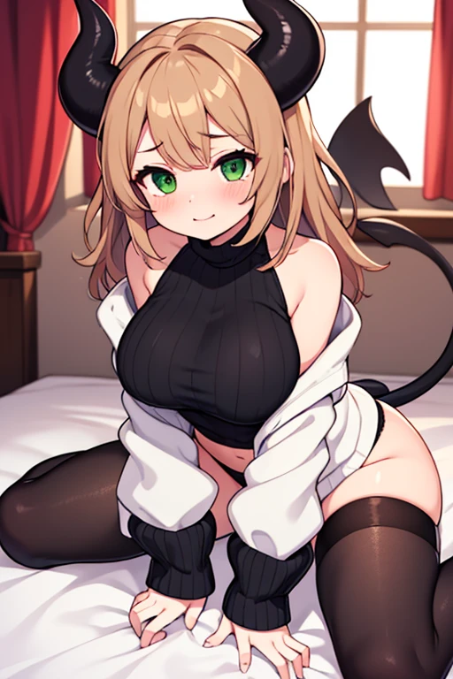 1 sola mujer, mujer sola .Atalanta, mujer, orejas de gato, cabello rubio con puntas verdes, ojos verdes como esmeraldas, pechos grandes, sonrisa feliz, pechos grandes, lencera sexy, esta recostada en una cama. solo una mujer.