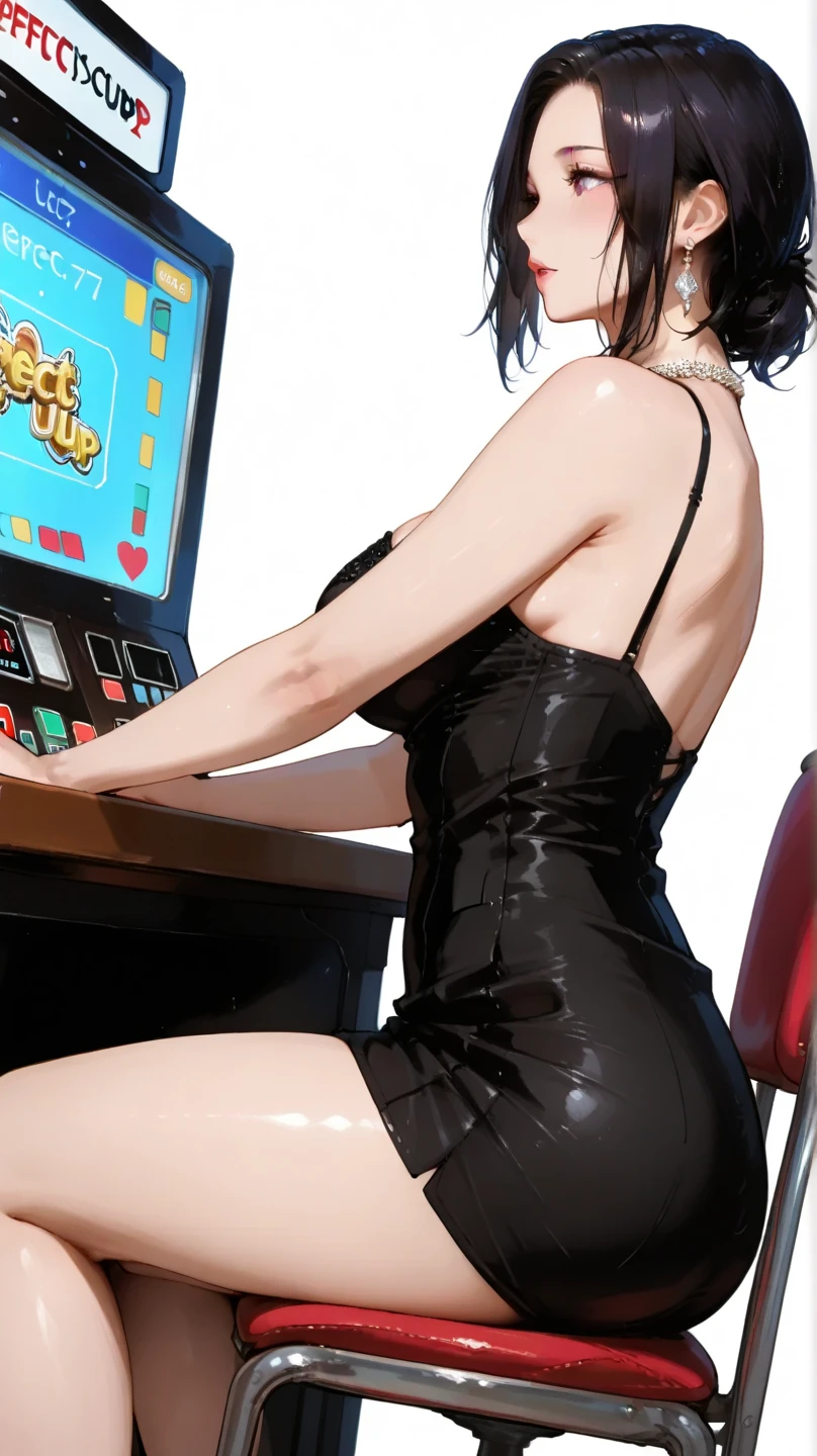 One Woman、Pachinko parlor、Playing slots、Sit on a chair、Place your hand on the slot lever、Play slots、Facing the slots、Hit the lever、Facing the slot machine、Large crowd、beautiful girl, Highest quality, Black Pantyhose、Short tight skirt、panties under pantyhose、Thick thighs、Big 、Big Ass、Short Hair、Sweaty body、Sweaty crotch、Orgasmic face、Dirty sound effects、Ecstasy in a flashy way、目の前にLarge crowd、A ton of slot machines、Slot King Pulsar、Standing back