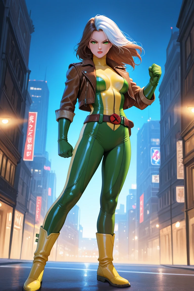 ((best quality)), ((masterpiece)), ((ultra realistic)), (dynamic sexy pose), american, beautiful detailed face, detailed eyes, sexy reporter, dressed in a blue and red leotard, city backdrop, highly detailed, professional, bare legs, full body, hands on hip, standing, brown hair, medium hair, green eyes, matching boots, long sleeves, yellow hawk-shaped crest on chest