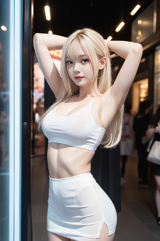Blonde woman in futuristic outfit poses in front of neon lights, dreamy cyberpunk girl, cyberpunk with neon lighting, full body, bright cyberpunk glow, cyber punk style, cyberpunk photo, in cyberpunk aesthetic, cyberpunk lighting, cyberpunk bodysuit, Cybernetics glows, white cyborg fashion shot, cyberpunk atmosphere, in a cyberpunk setting, muted cyberpunk style, cables on her body, realistic