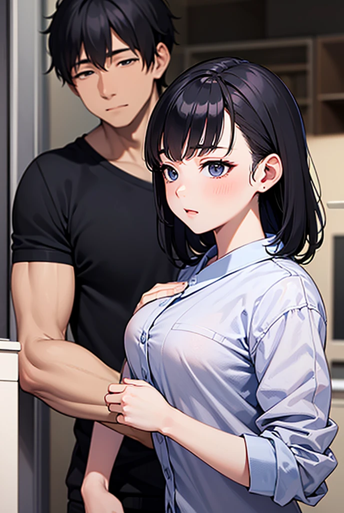masterpiece, best quality, night time, cowboy shot, 1mature woman, large breasts, body, short hair, black hair,
1man, man is grabbing woman's breast, grabbing another's breast, grabbing breast, frown, clenching teeth, drooling, black cropped top shirt, (underboobs), midriff, black jeans,
armchoke,
faceless male,
in the small dark alley, modern city,