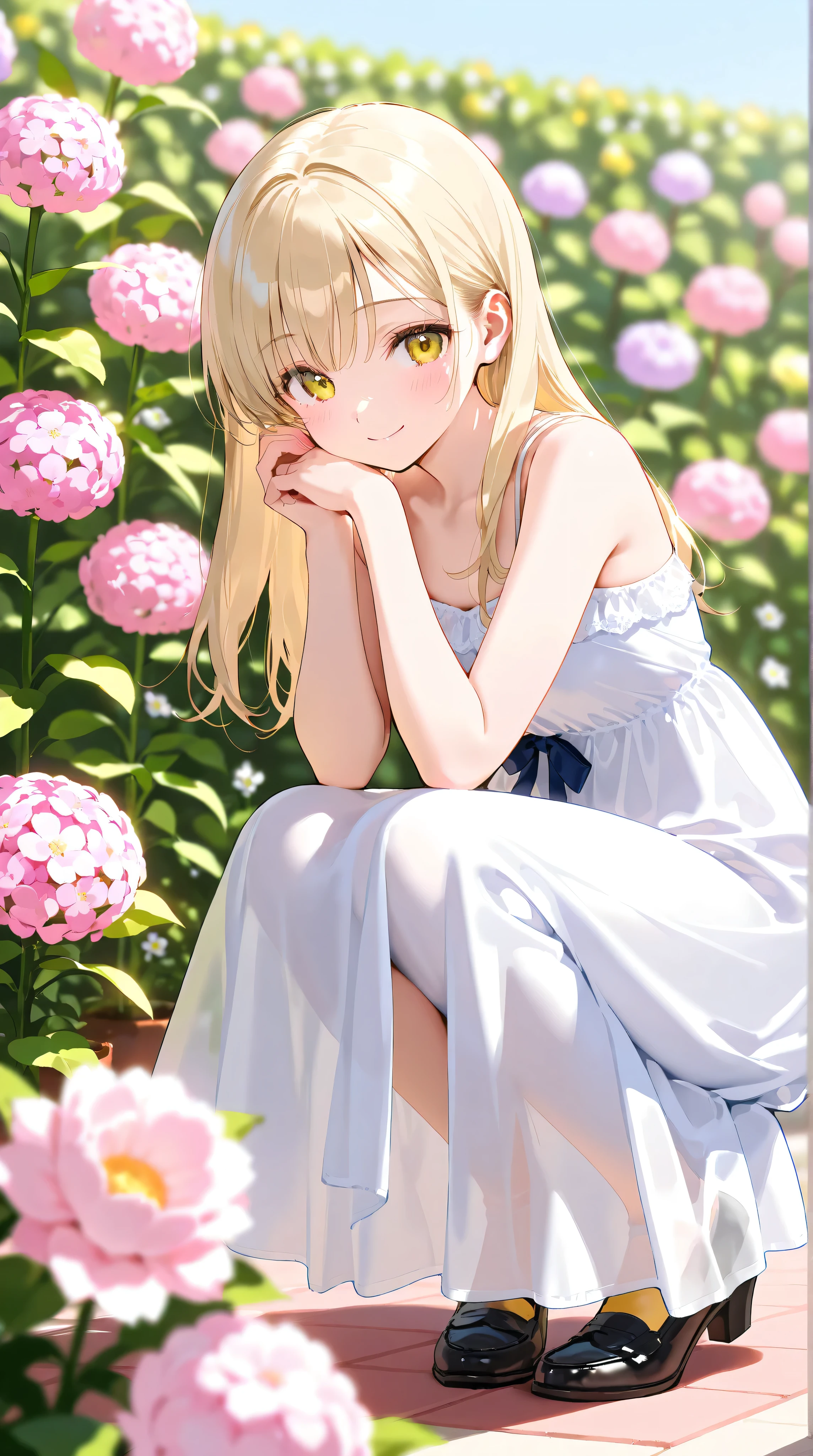 Long Hair,One girl,
(masterpiece),(Excellent anatomy),(最high quality),(figure),
High Waist Skirt,White Skirt,
Soft lighting,high quality,
White shirt,A kind smile,Calm Eyes,Cozy atmosphere,Gentle lighting,(admiring Flowers:1.1),(Low posture:1.2),Focused Expression,squat,Kneel,surrounded by Flowers,(No shoes:1.3),Thighs under the dress,(Put your knees on the ground:1.5),Legs under the dress,
garden,Flowers,(Flowers in hand:1.4),holding a small bouquet of Flowers,(bird:1.1),colorful,(Floral foreground:1.2),Depth of written boundary,Grass,Shadow,