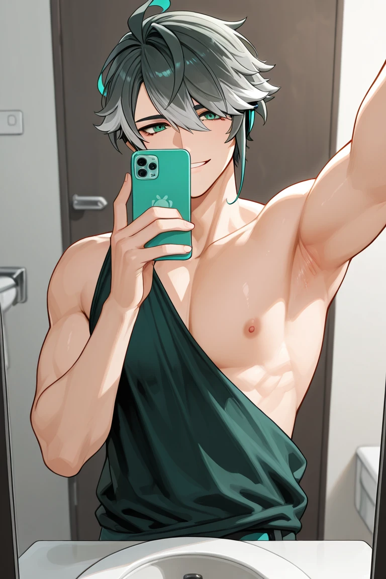 *The photo is of hanta sero from Mha shirtless, as if he just got out of the shower. He's standing in the mirror and he's wearing gray boxers, showing his abs and a tattoo along his arm. He has a hand running through his hair as he takes the picture. He's holding the phone to show his upper half, and it looks like this picture just went to you and you only*