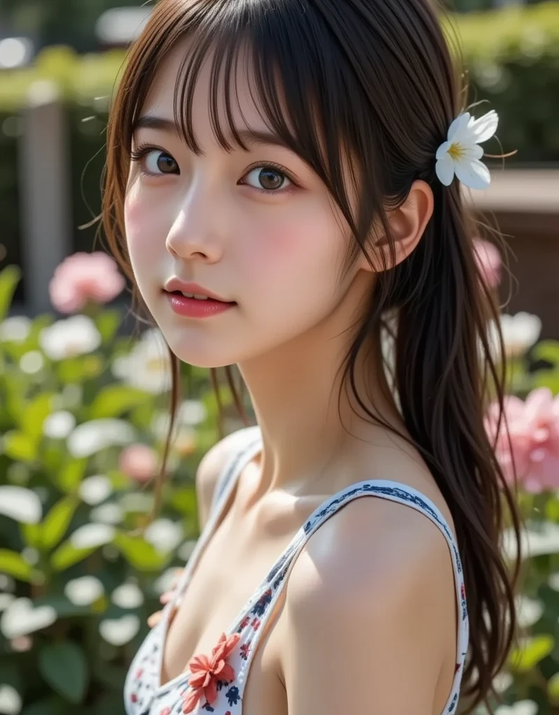 ((8k, best quality, masterpiece, ultra highres, ultra-detailed:1.2) , Photo of Pretty Japanese girl
, (18 years old:1.1), Japanese idol、Bust 75 cm、A cup、micro bikini、cherry blossom pattern,Ocean、beach、ponytail、Scrunchie、