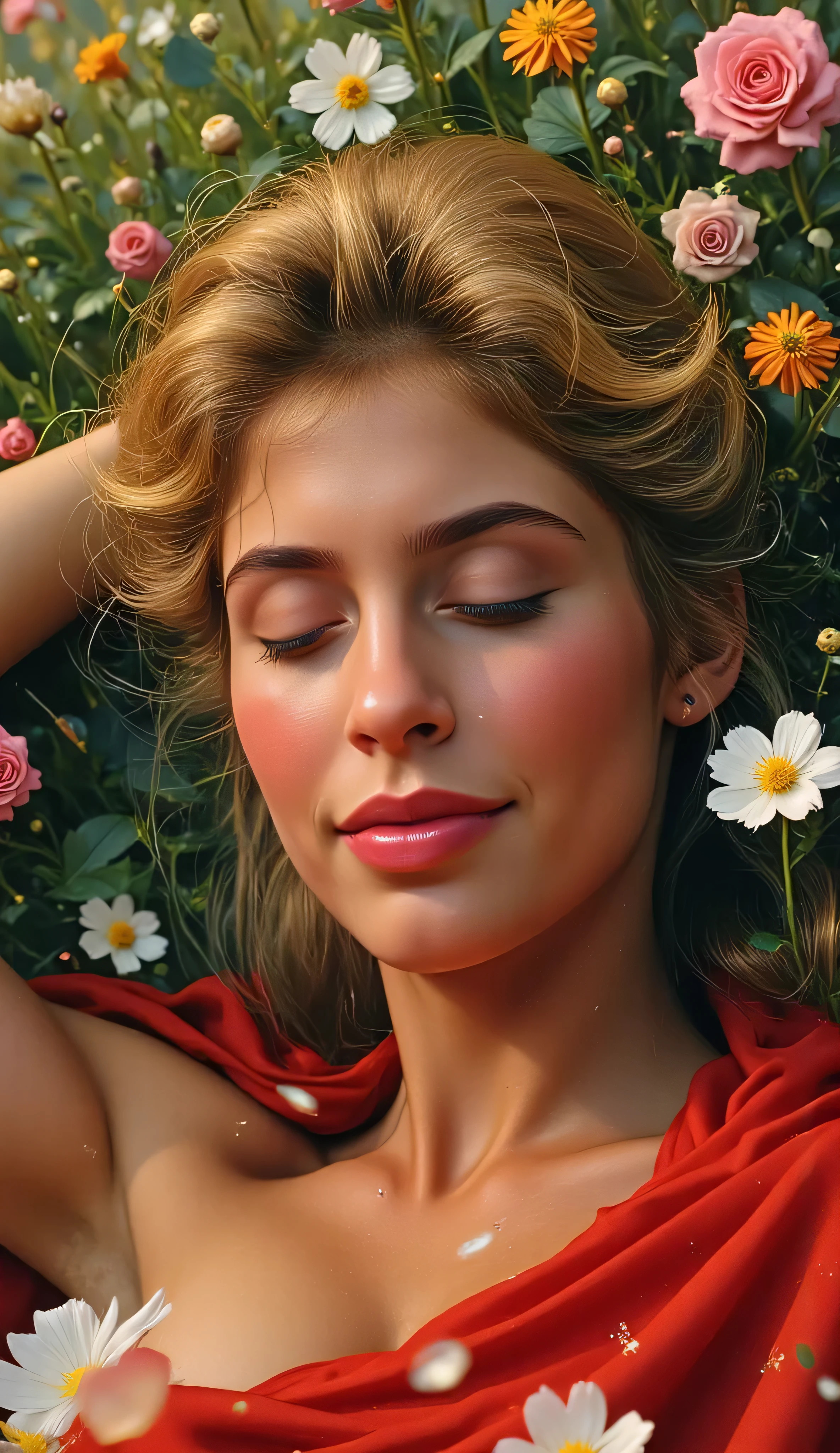 Helen Slater as Supergirl in her 1984 costume, laying peacefully in a colorful flower garden, head resting on one arm, eyes closed with a soft smile, golden hair spread across the grass and petals, glowing warm light, red cape gently draped around her, painterly realism with fine details in flowers and fabric, serene and magical feeling, 4k high-resolution