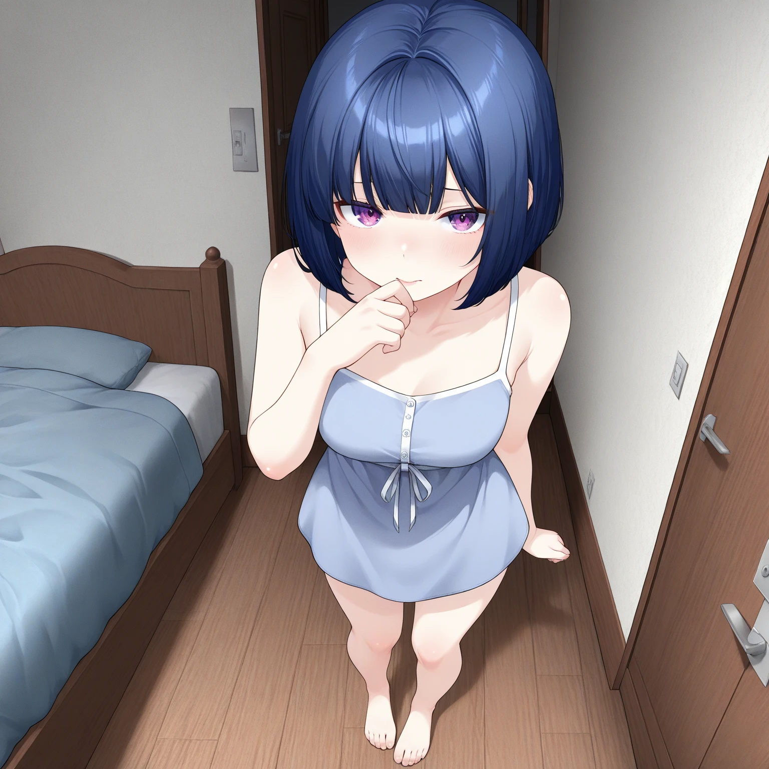 (((Pixel Perfect, Perfect in every detail,nsfw,,clothes lift,large breasts,arouse,dpubic hair,1 girl))), alone, One girl, Ruka Sarashina, Blue Ribbon, big , (Lingerie Set), View your viewers, In the room, sitting