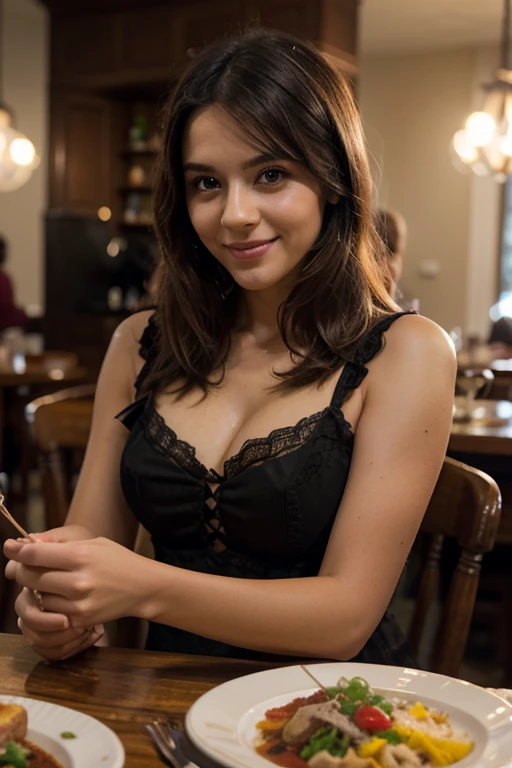 (best quality, hyper-realistic), (photography:1.2), (portrait:1.1), a stunningly realistic, high resolution 8K photo of a beautiful 30-year-old woman with medium long hair and a glamorous figure big smile, dark makeup, soft light, head and shoulders, cover, (vivid colors:0.9)(hair blond)(short hasir)(location is restorant turkye istanbol)(Dinner table with wine glass)