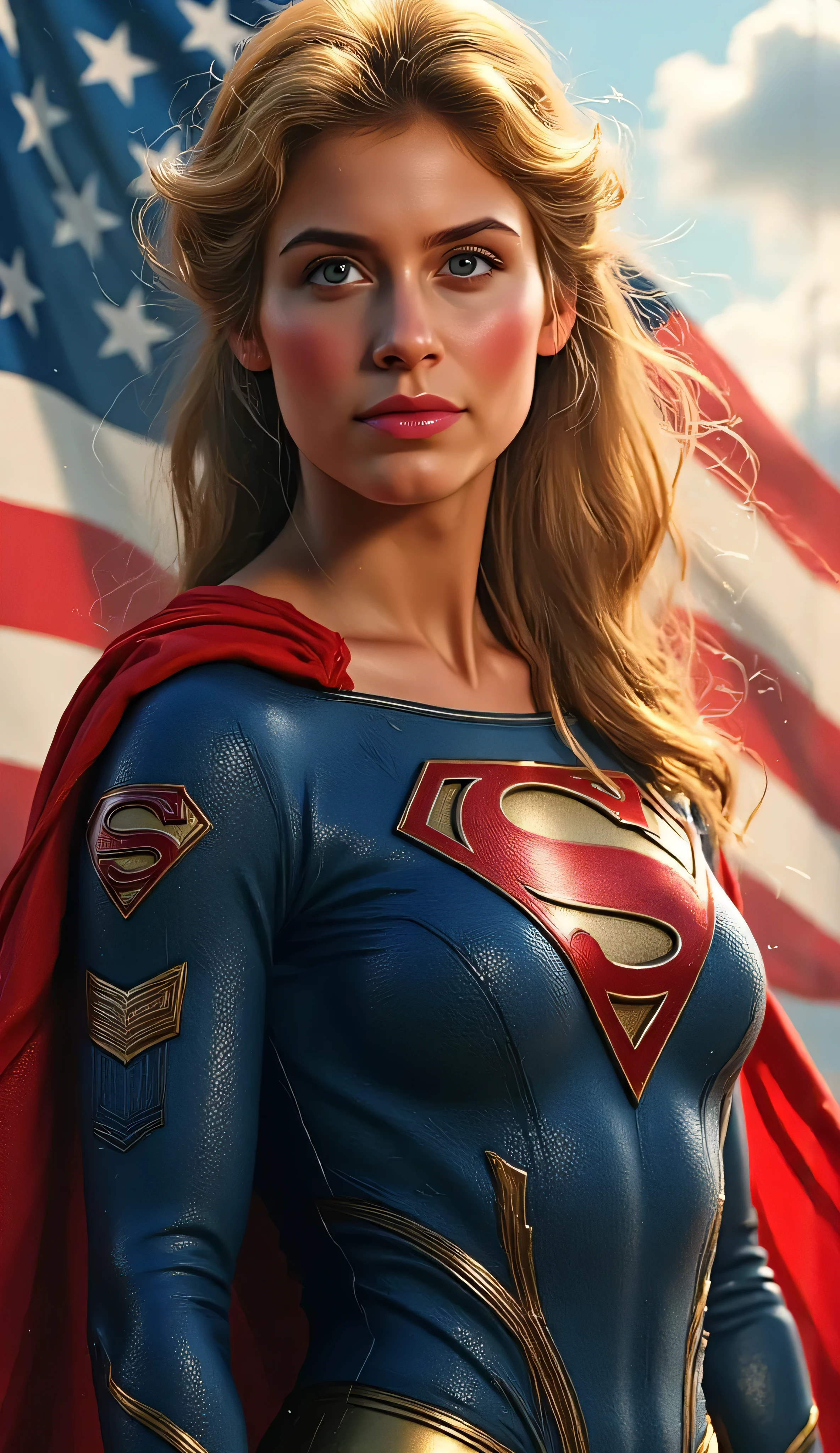 Supergirl (Helen Slater) standing heroically with the American flag waving behind her, proud expression, classic red and blue costume with golden ‘S’ emblem shining, bright sky and dramatic backlight, painterly semi-realistic rendering, symbolic and cinematic style, 4k high-resolution