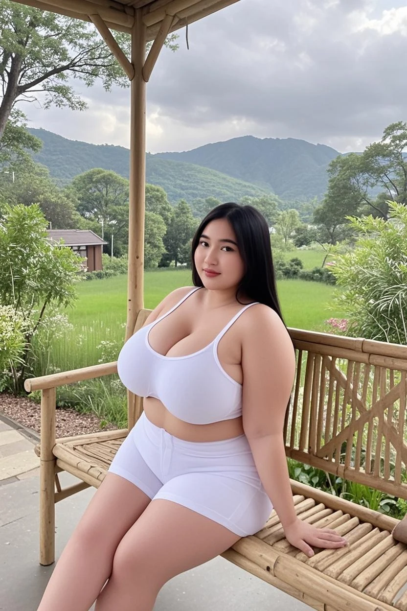 Aerial view, Beautiful Taiwanese woman, plump, cleavage, standing on a telecommunication tower, wearing summer clothes and holding bra, while her other hand holds the tower. looks at the camera and smiles.