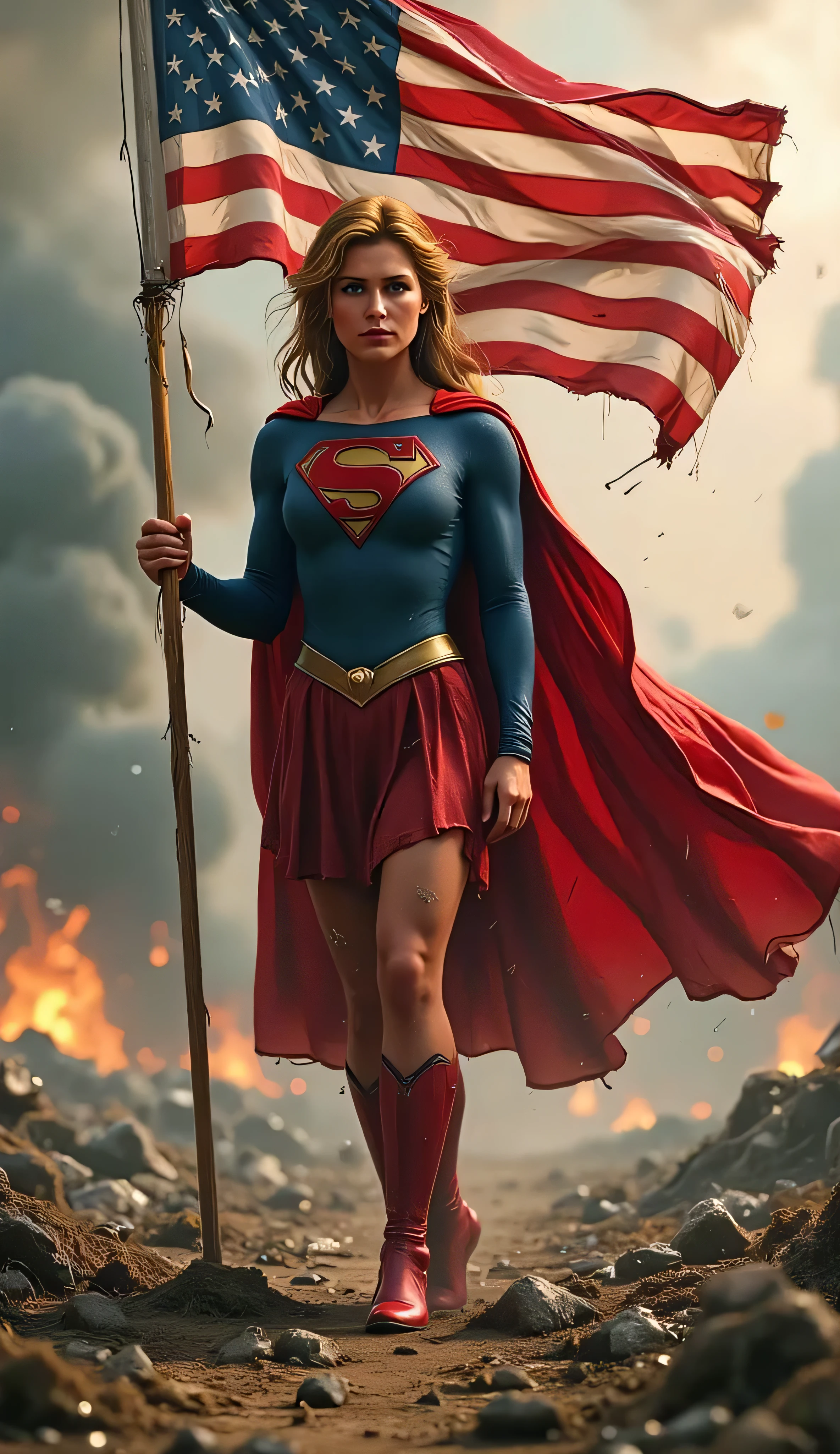 Supergirl standing tall and holding a waving American flag planted in cracked earth, smoke and ash in the background, battle-worn but proud, cape tattered and billowing, intense expression of hope, painterly lighting, classic costume with dirt marks, 4k cinematic painterly realism, iconic patriotic imagery