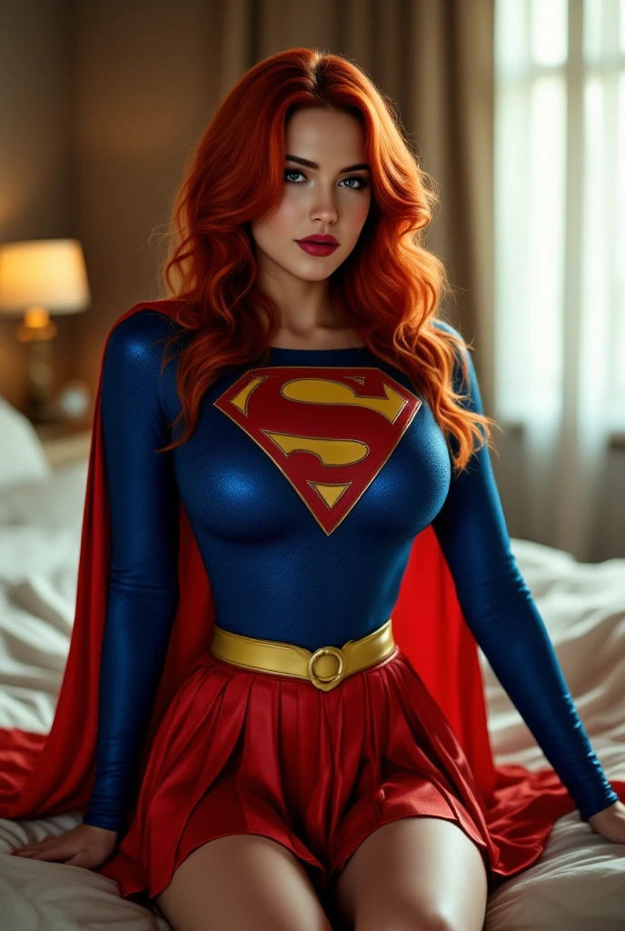 une femme de 25 ans, rousse, sexy, romantic smile, HD, 88k, masterpiece, a lot of details, superman cosplay, sexy, lingerie, cape