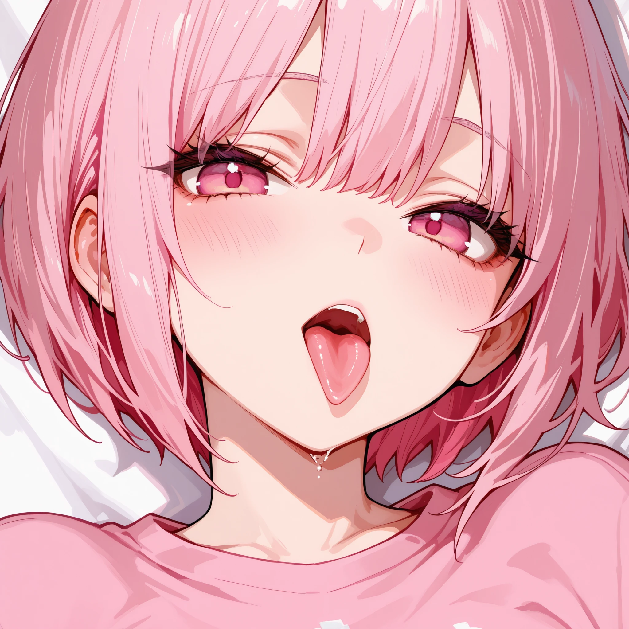 [1girl, Maruyama Aya, BanG Dream!], beautiful detailed eyes, pink eyes, half-closed eyes, (tareme), (opened big mouth, licking, Sticky tongue), nsfw, (close-up mouth), (curvy, Slender),(cleavage), from above, Highest quality, Super detailed, masterpiece, Ultra-high resolution, 8k, Embarrassing, blush, Lovely, (With tears in my eyes), Sticky saliva