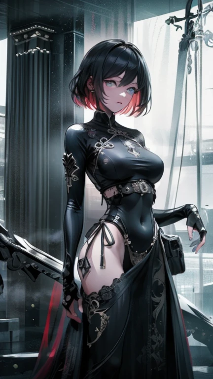 masutepiece,1girl in, Best Quality,cyberpunked,(Alternative、dim colors, Soothing tones:1.3),NSFW(Beautuful Women、Detailed beautiful facial features、Medium bob、blue eyess、slenderbody:1.3)(Normal breasts、cleavage of the breast、suits、skirt by the、Thigh exposure、Ripped clothes:1.5).Cyber City Destroyed、(sitting on:1.8)(Inside the old train、Japan sword is placed、deep in the night、Red Moon:1.5)