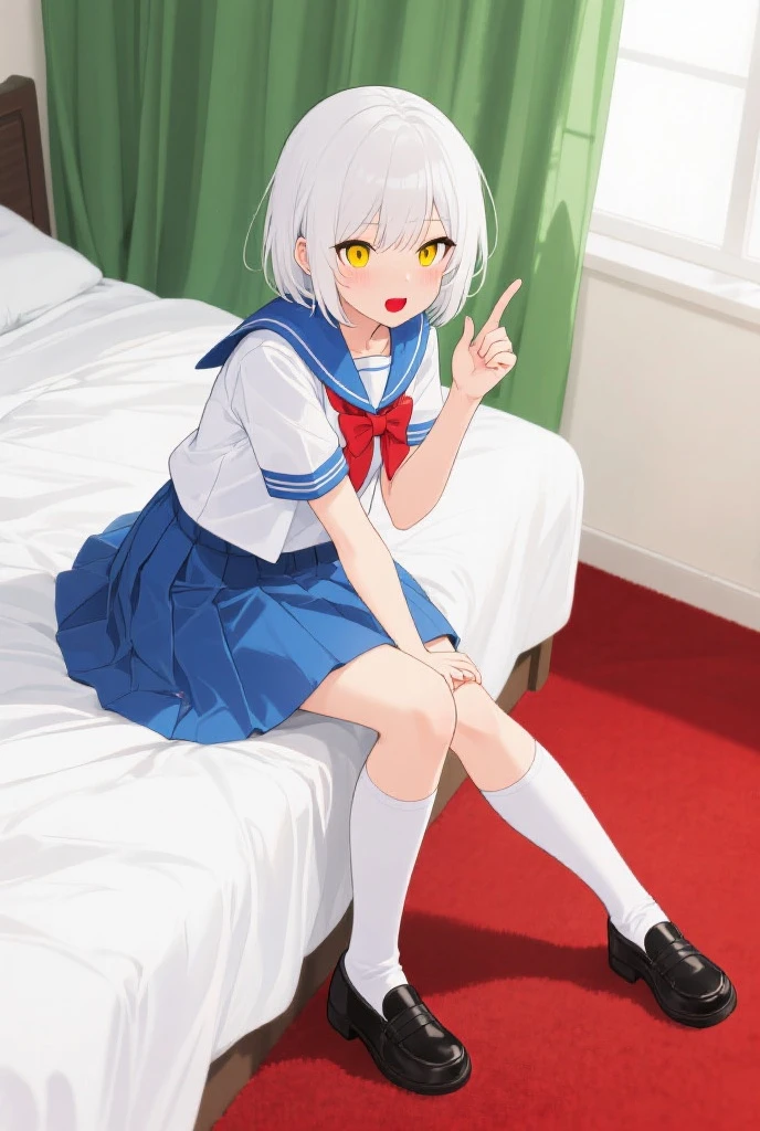 ８K, highest quality, masterpiece, super detailed、silver hair、short hair、medium breasts、、full lips、　best quality、、pale blue eyes、Spread Legs、、frosty eyes、nurse服、medium breasts、angry、Bedroom　、blush、stick out your butt、own hugging feet、nurse、backwards、	full body、、red underwear、red panties、I can see the pants、glamorous pose