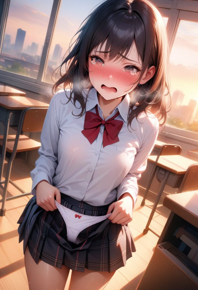 ((masterpiece,Highest quality:1.3,best quality illustration)),((realistic:1.2)),having clothed sex,cowboy shot,独奏,1woman,18 year old beauty、black hair,short bob hair,(center parted bangs),black eyes,(gorgeous big eyes),((very small head:1.4)),shy,drooling,((slender body,skinny)),(tan skin:1.4),small breasts,White short-sleeved collared shirt、red bowtie,Navy blue pleated mini skirt,Pull up the hem of the skirt yourself、vagina,no panties),vaginal penis,gleaming skin,oily skin,slender body,sweat,standing,spread legs,Toilet、toilet、School、Tokyo、