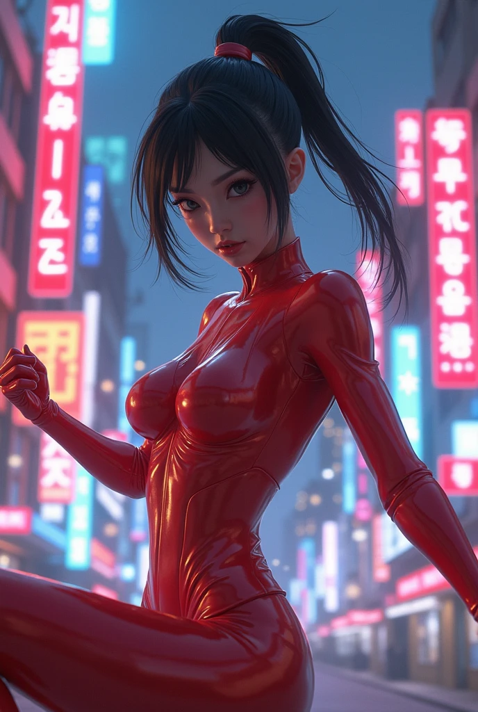solo, super fine photo, portrait Unreal Engine 5 8K HD of malicious gothic girl, crouched in a tight red latex suit, pose, elegante traje negro, black iconic character, CLORURO DE POLIVINILO, futuristic shiny latex suit, traje de goma, cinturones de goma, Cuello, guante de goma, botas altas de goma, cuffs for arms and legs, correas, mejor calidad, Obra maestra, arte oficial. dynamic pose, en una ciudad ciberpunk, neon, condujo, fumar, escena de la noche estrellada de invierno. perfect anatomy, cabello perfecto, pecho perfecto, ((pechos grandes)), cuerpo perfecto, manos perfectas, cara perfecta, ojos perfectos, Preciso, anatomically correct, enfoque perfecto, clear and sharp, HD, Obra maestra.