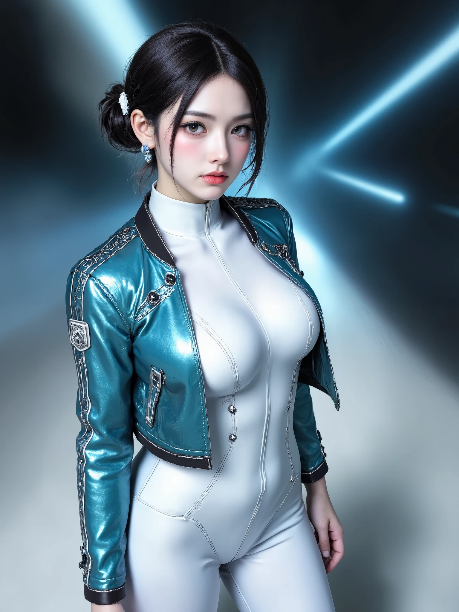 clothing
Wear a futuristic costume。The inner layer is a white tight onesie,Material looks like high-tech synthetic,Smooth and shiny,fits the body curve,Decorated with functional lines and rivets,highlight the mechanical feeling。The outer layer is a blue-green short jacket,Surface reflection,Maybe a metallic coating,emblem on the shoulder,have white stripes on the sleeves,are both stylish and functional。with a black belt at the waist,with metal fasteners。
The hair is neatly tied to the back of the head,Simple stud,No frills,highlight the neat temperament,matches the overall technical style。
makeup
Slim and sharp eyebrows,The color of the eye makeup is elegant,Maybe a cool eyeshadow,Highlights the bright eyes。Light blush on the cheeks,Add color。The lip makeup is light pink,The overall makeup is exquisite,Highlight cool、professional temperament。
movement
Standing upright,Hands hang naturally,that shows a confident and relaxed atmosphere,as if you're always ready for a space mission or an unknown challenge。