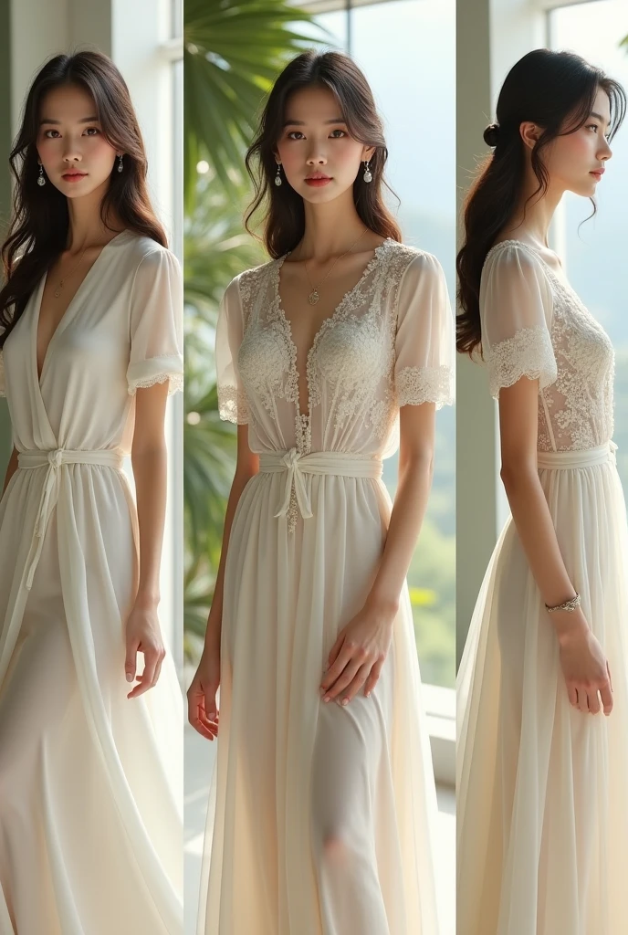 A woman with the same face as last time,Slender Abs、Loose wavy styling、Chiffon blouse、Beautifully expressed in every detail., Including face and skin texture.,Detailed eyes,Seducting look、full body Esbian