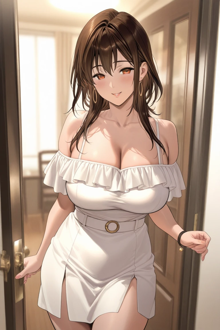 naked apron, Shoulder, clavicle,Brown_hair,Brown_Eye,Bangs,hair_OK, 1 girl, 20 years old,Mature female,beautiful Finger,beautiful long legs,beautiful body,beautiful Nose,beautiful character design, perfect Eye, perfect Face, Looking at the audience, (Innocent_Large target_Eye:1.0),smile, happy national foundation,Official Art,Extremely detailed CG unity 8k wallpaper, Perfect lighting,rich and colorful, bright_front_Face_light, (masterpiece:1.0),(最OK_quality:1.0), 超high resolution,4K,Extremely detailed, photography, 8K, HDR, high resolution, absurd:1.2, Kodak Portra 400, Film Grain, Blurred background, Bokeh:1.2, lens flare, (Energetic_color:1.2) (beautiful,Large target_breast:1.4), (beautiful_Face:1.5),(narrow_waist),