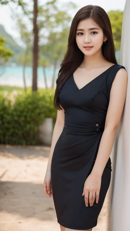 Half-length glamour portrait, nikon D850, f1.6 lens, 200mm, DSLR, 22 Megapixels, (((Strolling in a botanical park on a sunny day scene))), shot of a stunning 19 years old korean girl, (smile:1.4), (wearing black cocktail dress with V-neckline and waist belt:1.6), ((seductive pose)), hot girl, (((big natural breasts))), (((black fringe hair))), (small girl), symmetrical face, photorealistic, photography, (bright natural lighting), gorgeous, deep cleavage, (masterpiece), best quality, high resolution, extremely detailed, cinematic lighting, (((very narrow waist))), rich colors, hyper realistic, lifelike texture, ((jewelry)), (((She has beautiful hands and wears rings))), (bracelet), (necklace), (ankle chain), (nail polish) (earrings), Fuji Superia 200, 8k