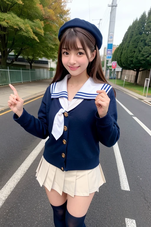 photo, real, female, Japanese, high school student, uniform, sailor suit, young, sky, smile, wind, clear sky, cloud, blue