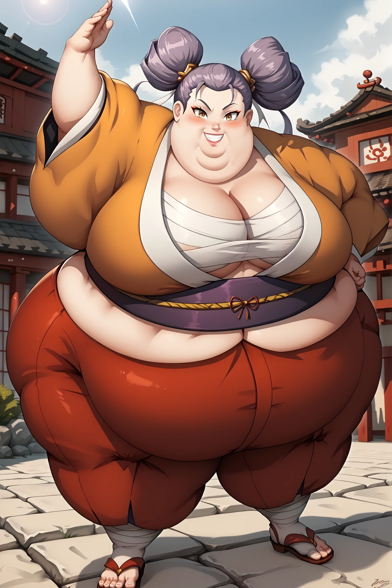 fantasy-style, (zPDXL2), (((cowboy shot))), (((dynamic pose))), (((dynamic angle))), sehele style, webtoon, anime, centered, 1girl, 1woman, smile, cleavage, sarashi, vermilion eyes, twin tails, bandages, shrine maiden's outfit, blushing, outdoors, Japan town background, full body
