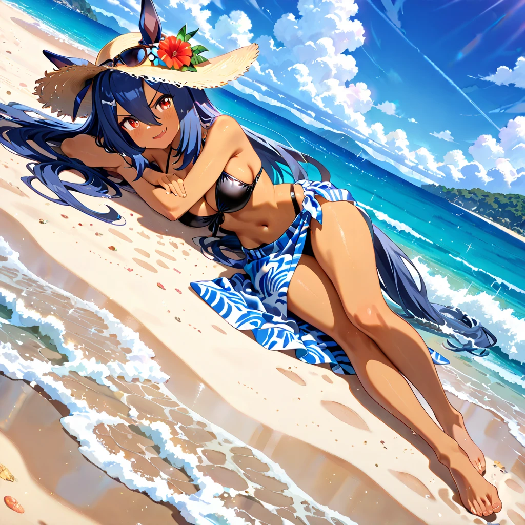 anime - 1 girl - dark skin - best quality - 10k - Hour glass figure - D cup sized breasts - red eyes with tints of yellow - long black hair - beach - seductive pose - silky smooth skin - pedicure with bright colored nail polish - manicure with bright colored nail polish - platform high heel flip flops - she is wearing a visually stunning masterpiece of a bikini that draws everyone person's attention