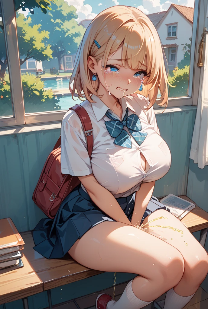 (throw_hand, pink vibrator remote switch in throw_hand, throw:1.2), highest quality, Super detailed, masterpiece, Ultra-high resolution, 8k, Ridiculous, Cowboy Shooting, Blurred, One girl, Focus on the girl, Embarrassing, blush, Lovely, With tears in her eyes and her mouth open, What saliva leaves behind, Wet skirt hem, (Sticky panties:1.1), (Light blue striped underwear), Bulging of the vibrator cord, Vibrator with Garters, [1girl, tsunade \(naruto\), naruto \(series\)], (medium breasts), (school uniform), (cleavage), Sit on a chair, Classroom Background, (black stockings), (Thighs), (Waistline)